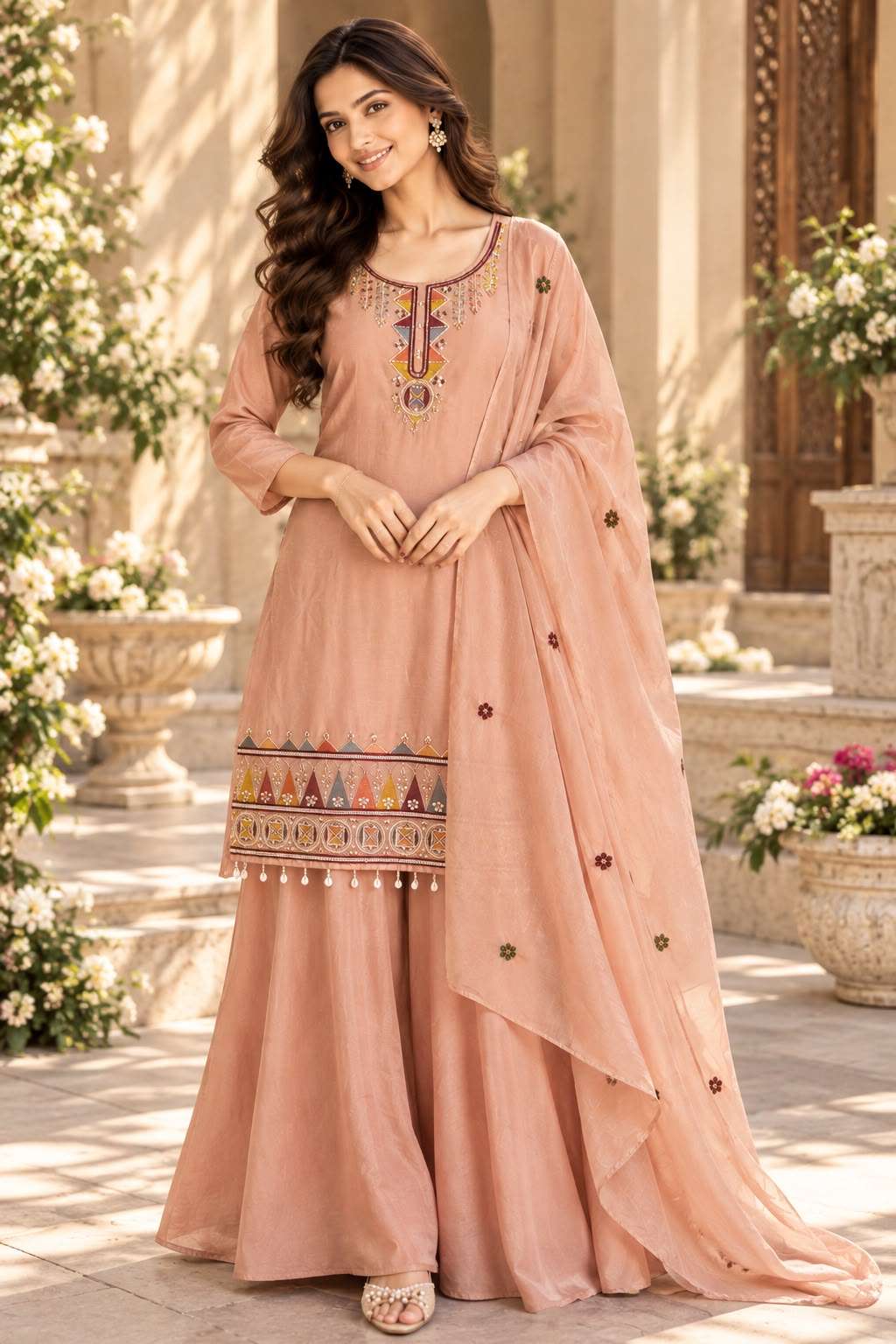 C 19 CHINON MULTI WORK NECK AND BORDER KURTI PALAZZO SUIT WHOLESALER SURAT