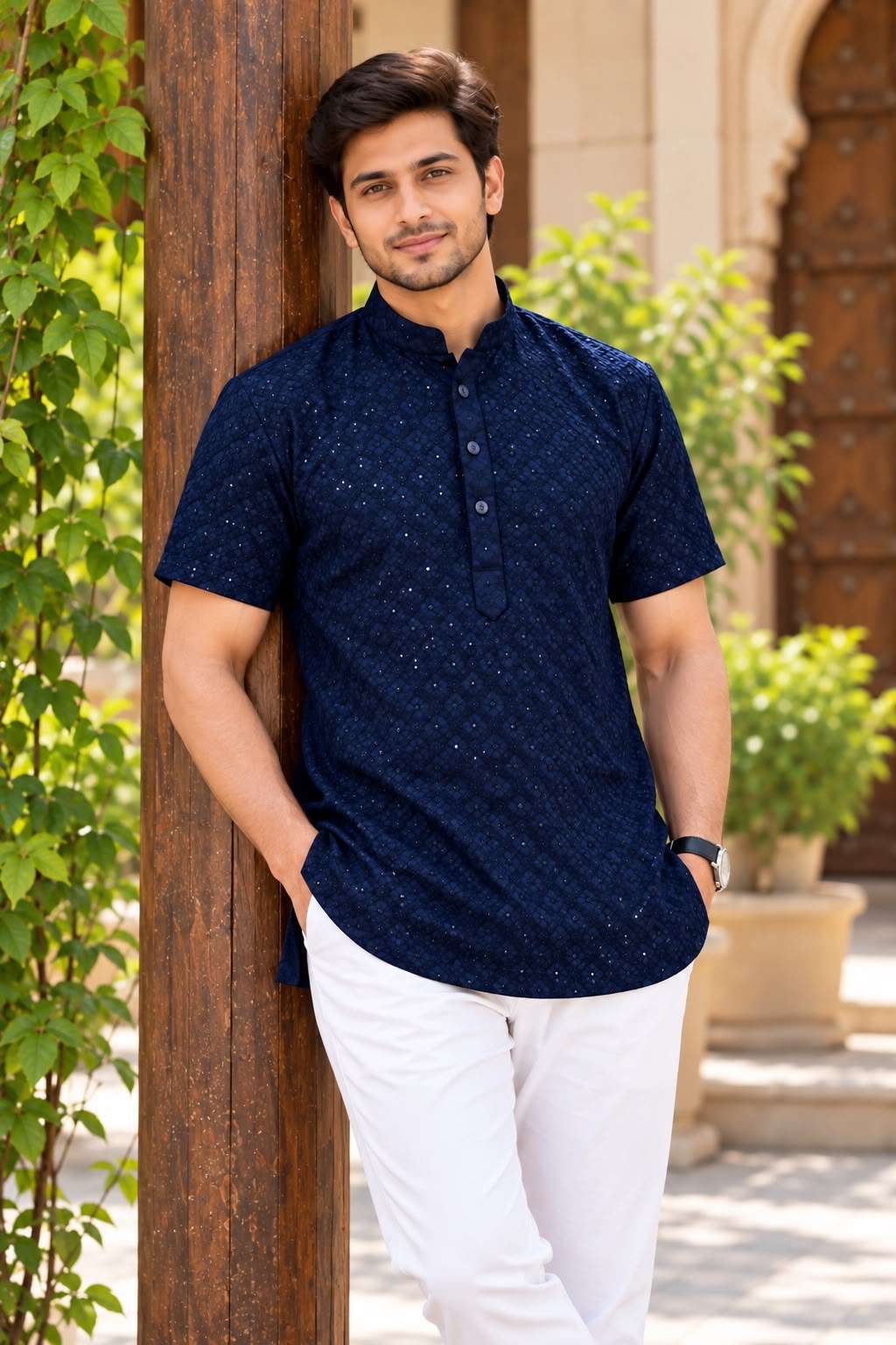 CHIKANKARI STYLISH SHORT KURTA IN CHIKAN WORK MENS KURTA PAYJAMA IN SURAT