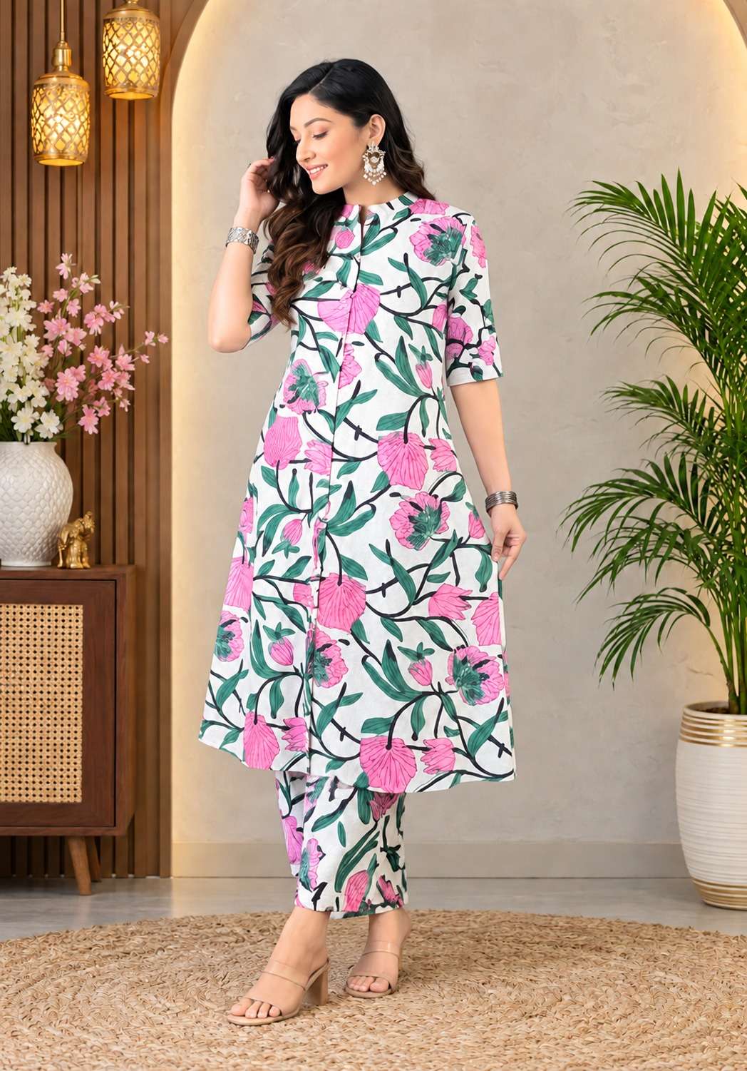 CLASSIC ALINE WHITE COLOUR PINK FLOWER CORD SET FOR WOMEN CASUAL WEAR INDIA
