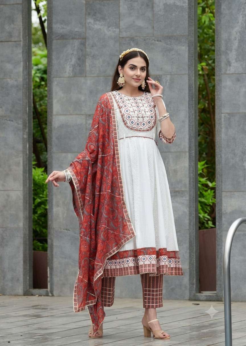 COTTON SHIFFLI WHITE MULTI WORK FLARE KURTI PANT SUIT FESTIVE WEDDING CELEBRATIONS