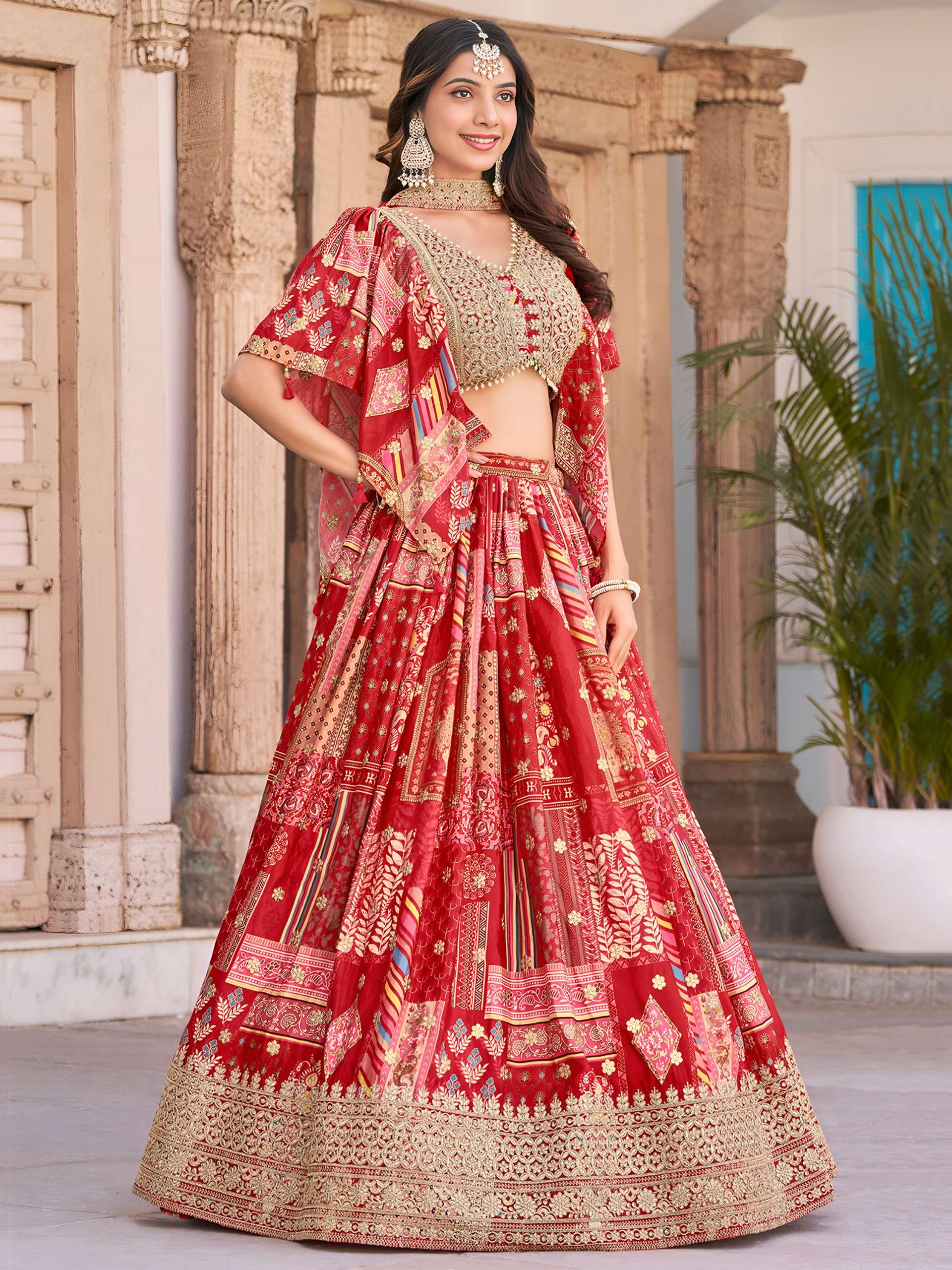 Crimson Red Royal Colour Chinnon Silk Fabric Lehenga Choli Reseller In Surat 7050 Red
