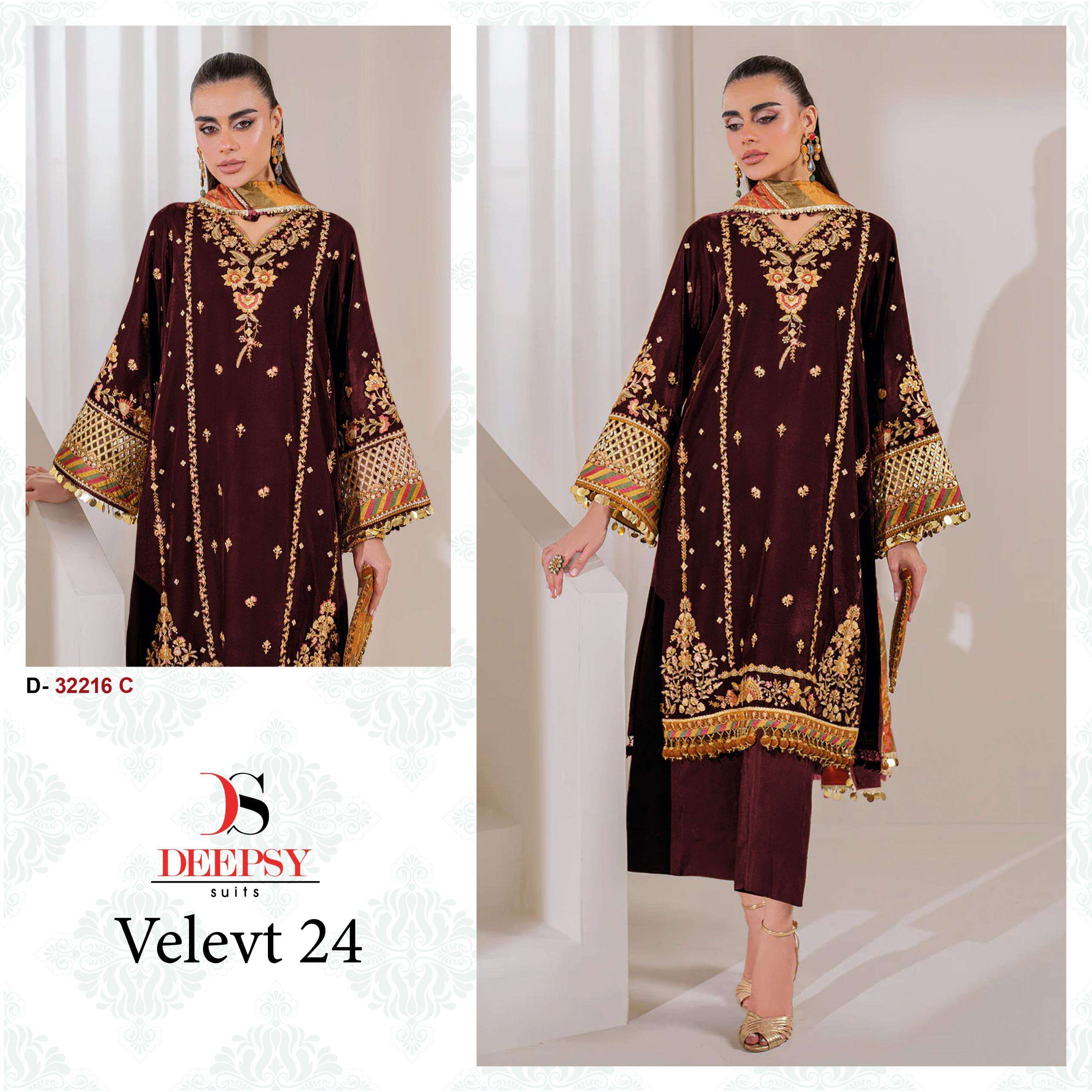 DEEPSY SUITS 32216 VELVET HEAVY WORK KURTI PLAIN PALAZZO SUIT WINTER PAKISTANI LUXURY BRAND
