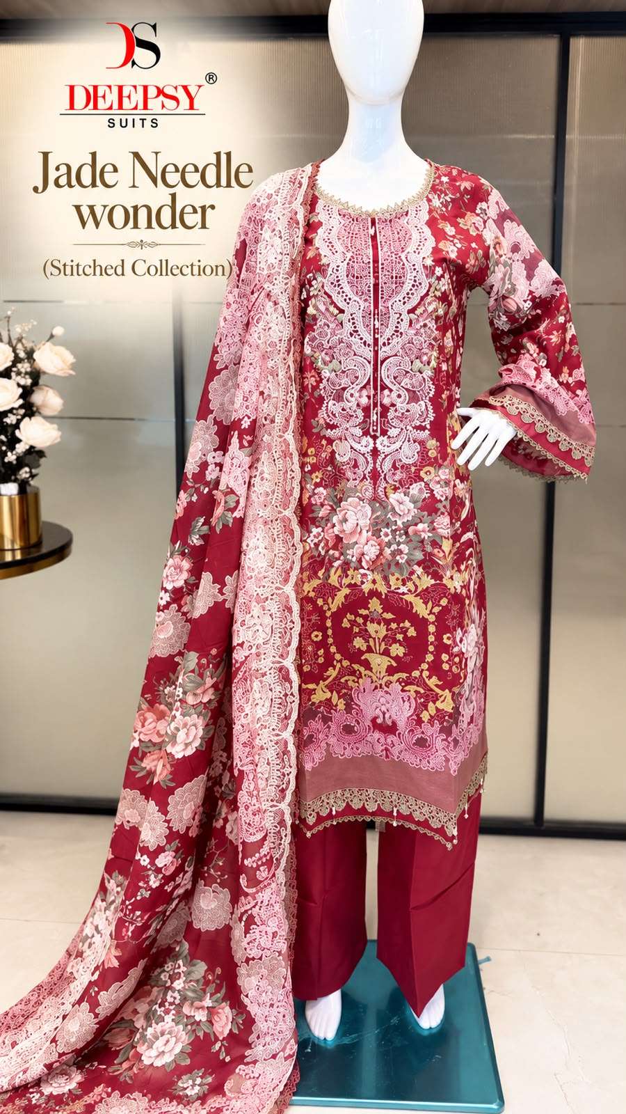 DEEPSY SUITS JADE NEEDLE WONDER CHIKAN WORK LACE AND LATKAN PAKISTANI SUIT STITCHED BRAND SHOP