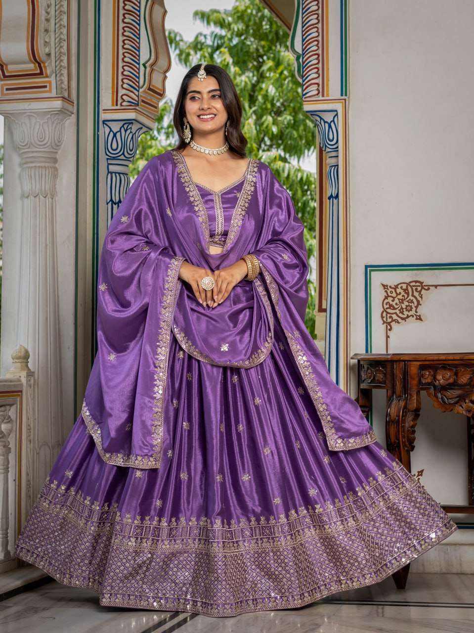 Designer Chinon Silk Fabric Wedding Wear Lehenga Choli resel...