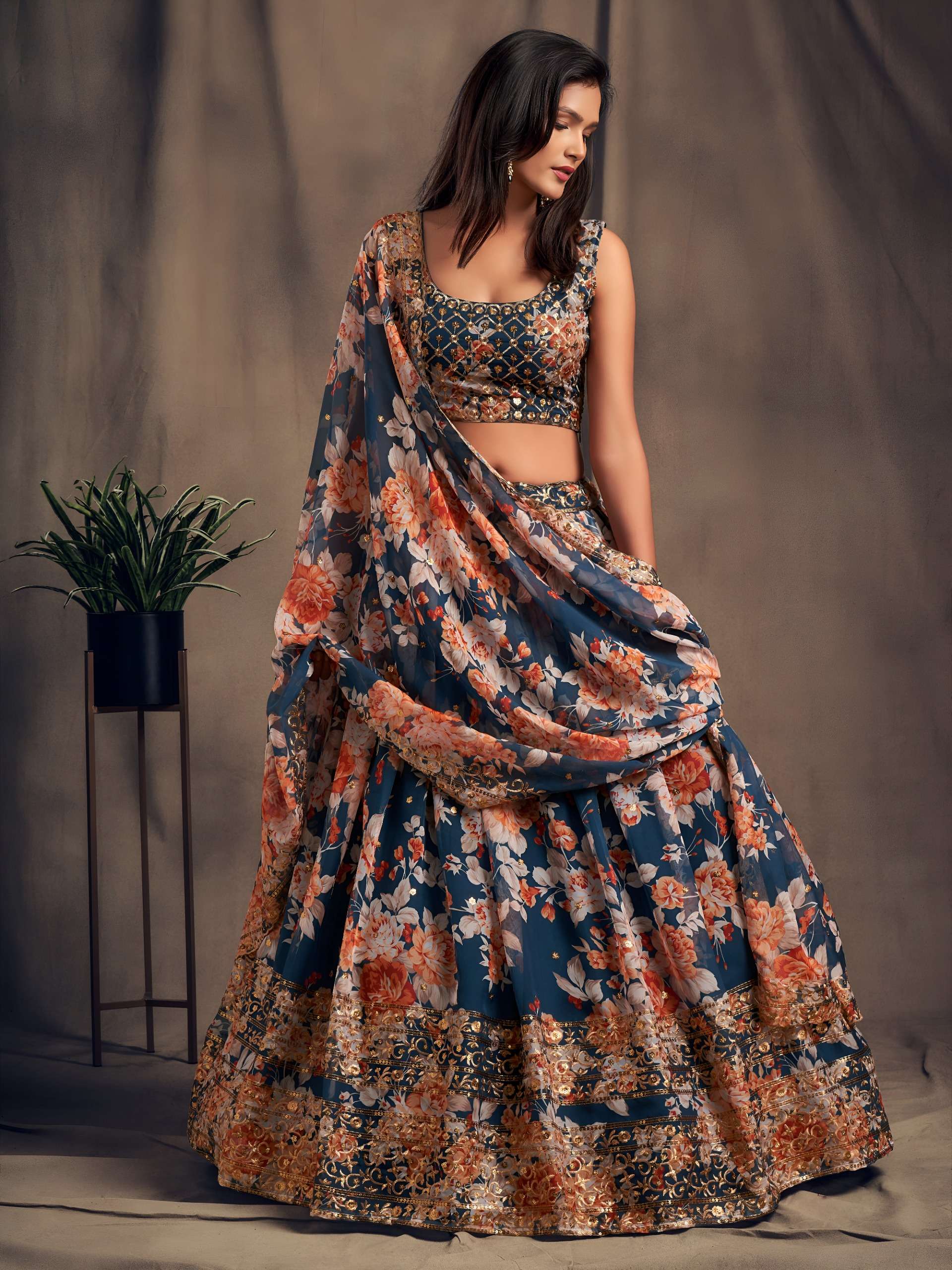  Dove Blue colour with Beautiful Flower Designer Lehenga Choli Reseller In Surat 7614