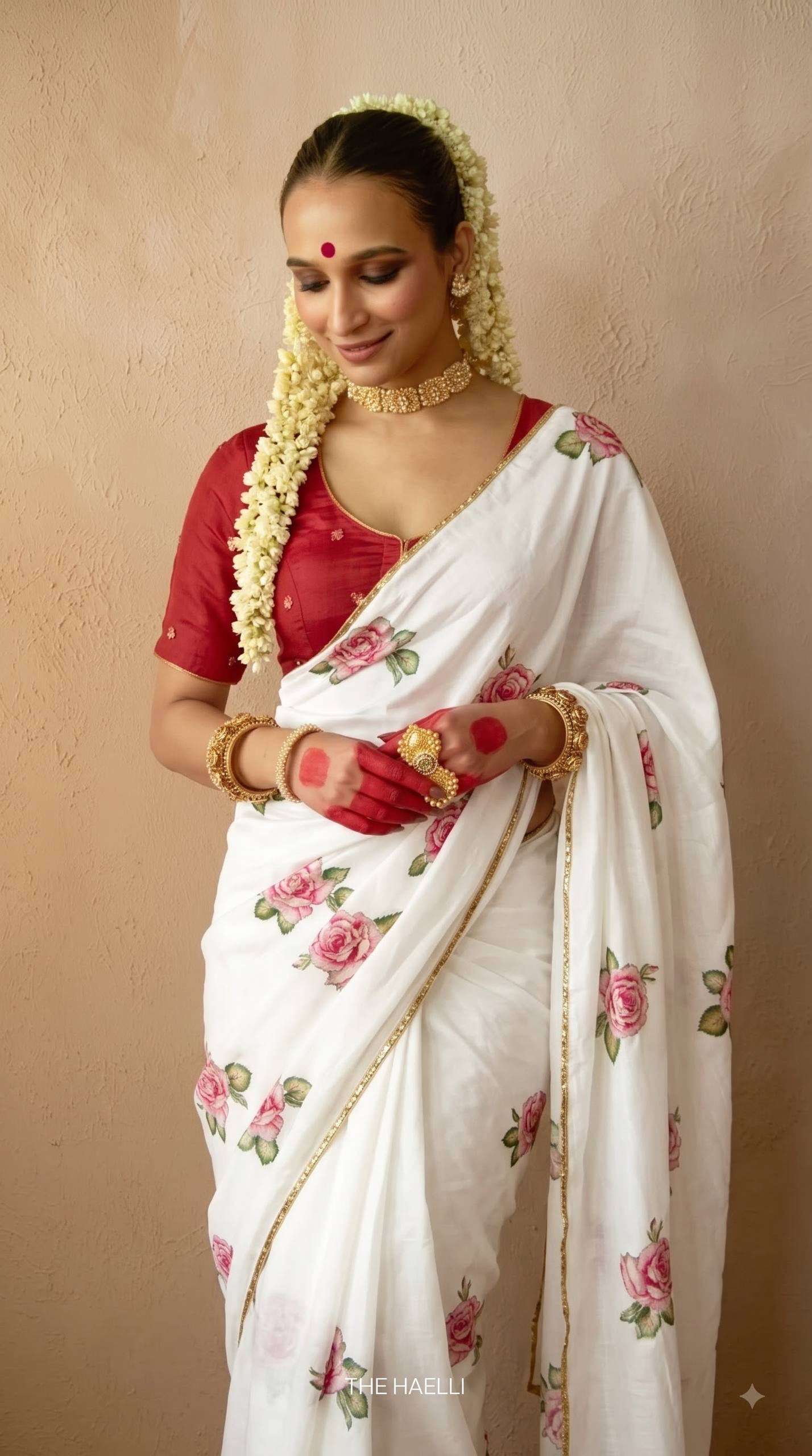  Durga Pooja festival special wear saree Soft Chinon silk fabric with rose flower print on saree reseller VK4543