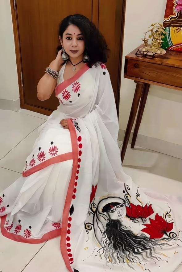 Durga Puja Special Plain Linen fabric with Digital Print on saree reseller in surat MG705