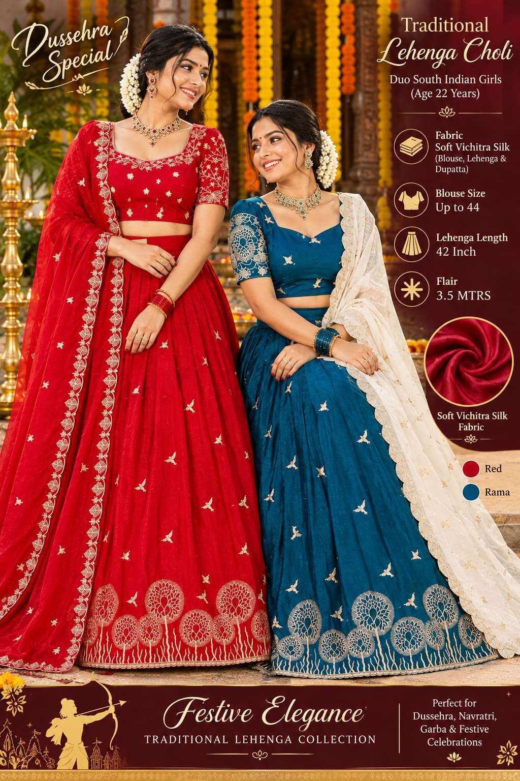 Dussehra Special South Indian Girls Traditional Soft Vichitra Silk fabric Lehenga Choli wholesale in surat