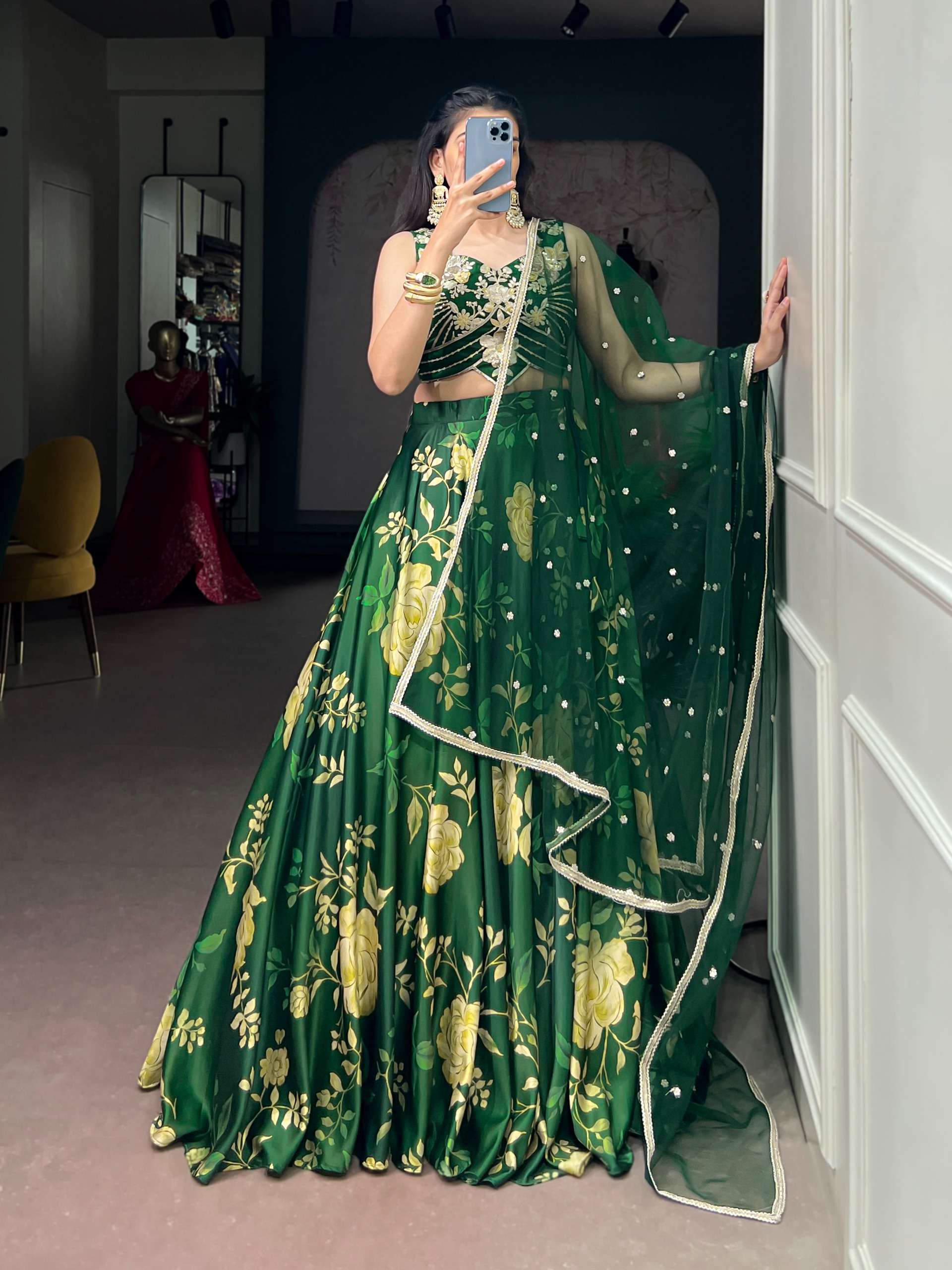  ELEGANT GREEN COLOUR  SATIN SILK FABRIC LEHENGA CHOLI RESELLER IN SURAT 1004 