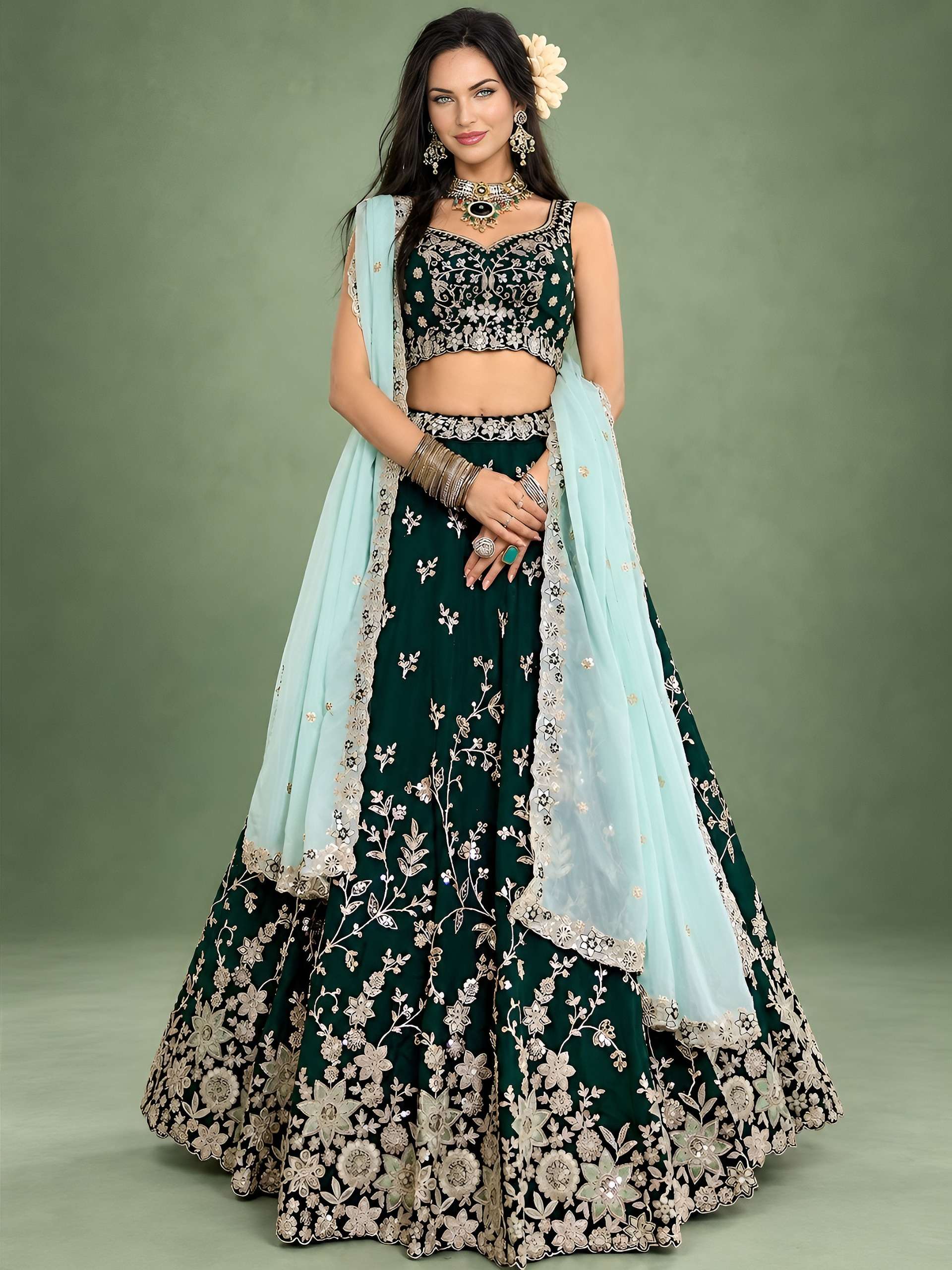 Emerald Green colour Floral print on rangoli silk fabric lehenga Choli reseller in surat 5139 Green 