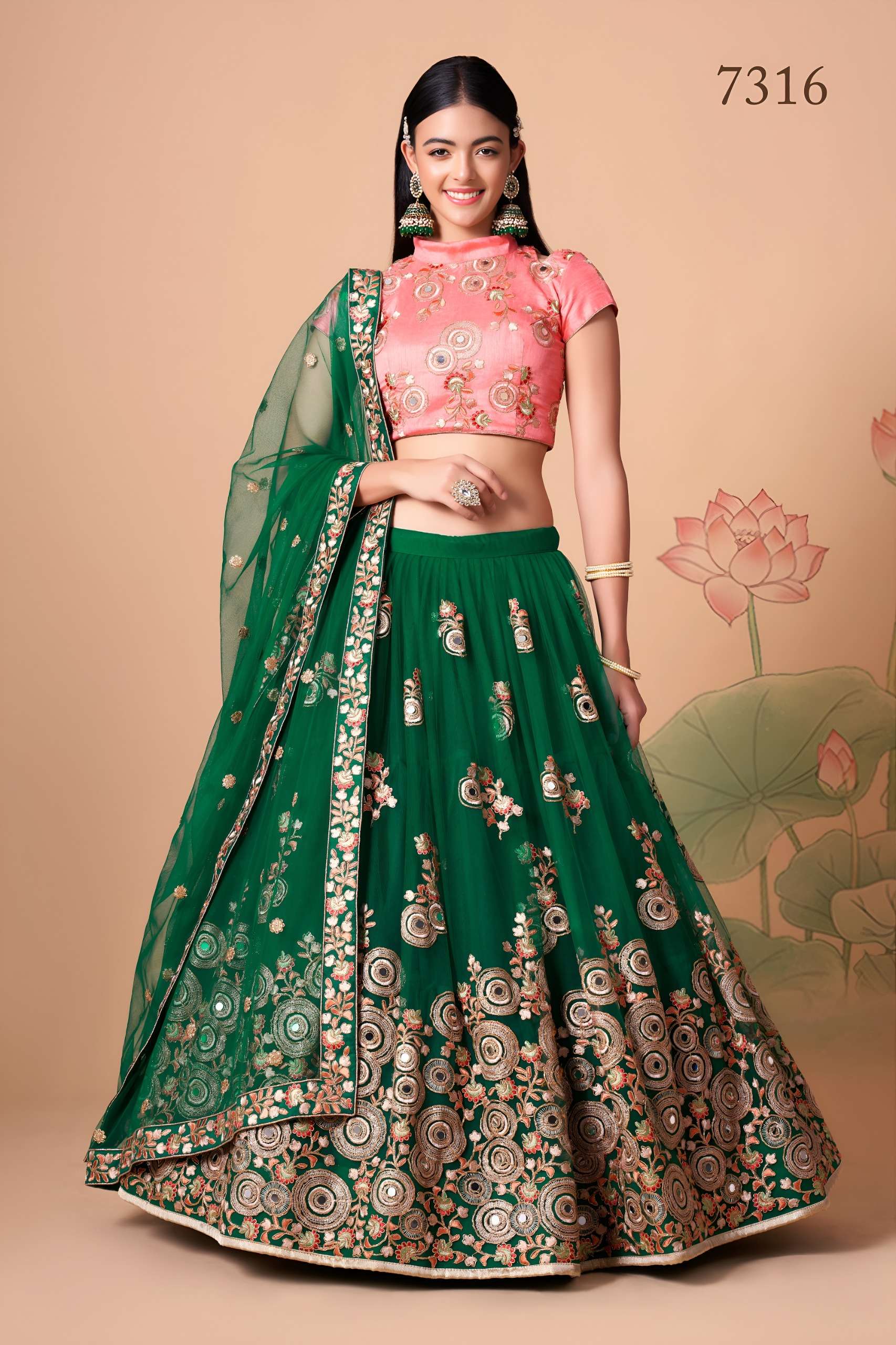 Emerald Green & Pink colour Net fabric and Floral print on L...