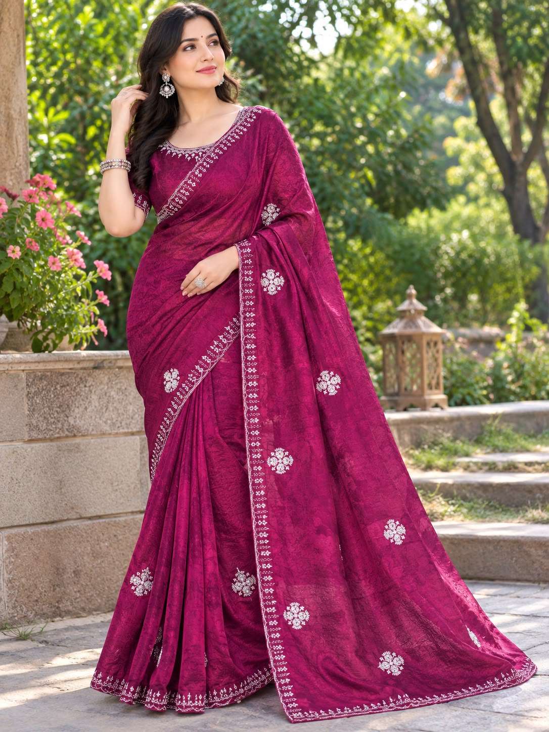 Fancy Satin Fabric New Bollywood Flower print Saree Wholesale In Surat