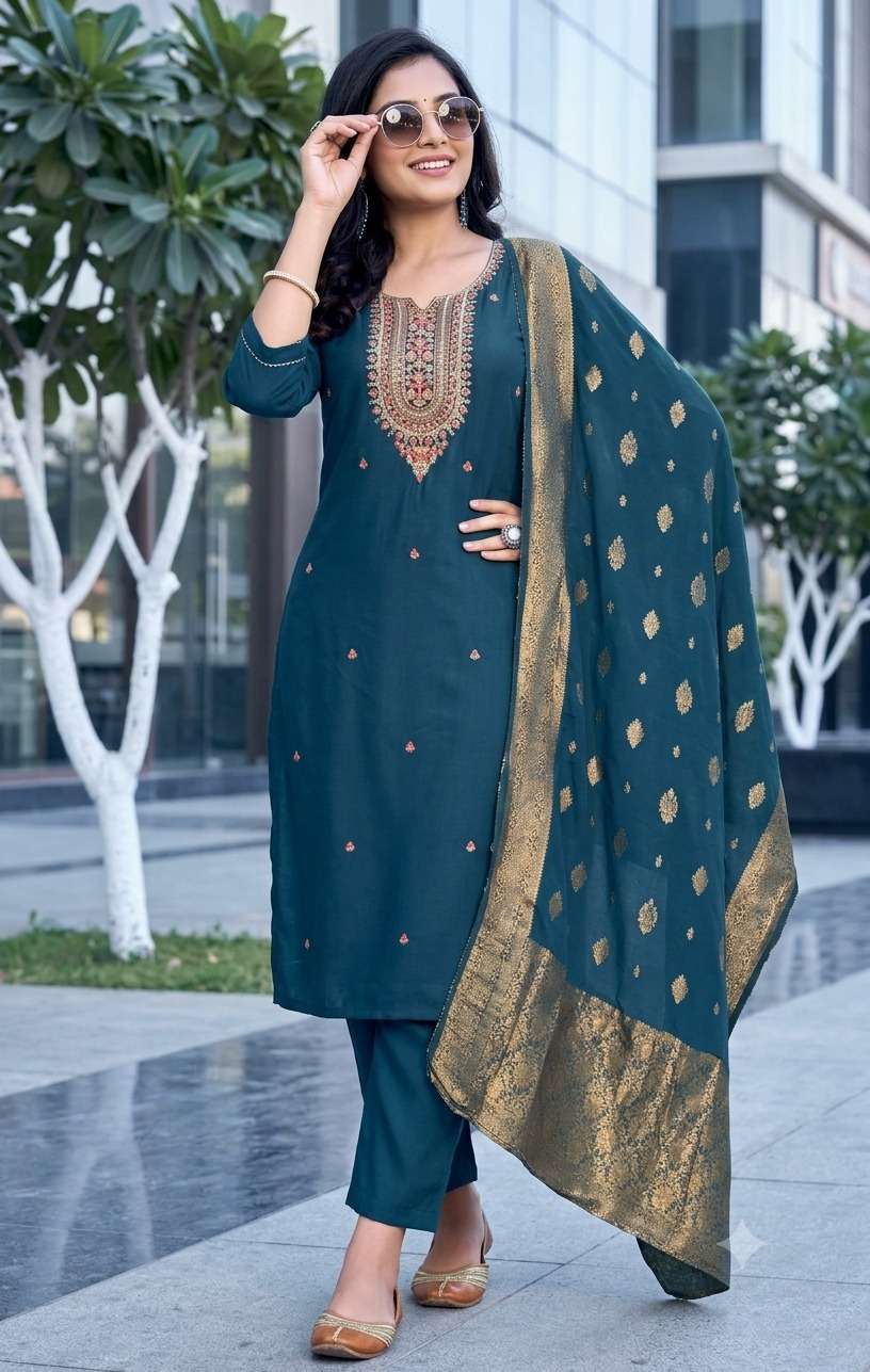 GAURI REGULAR OUTFIT INDIAN LOOK KURTI PANT WITH FOIL PRINT DUPATTA BUY
