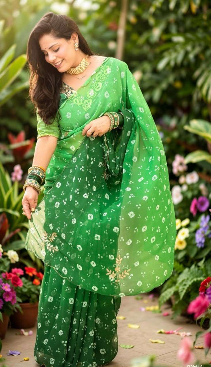 GEOGETTE FABRIC SAREE WITH BEAUTIFUL BANDHEJ PRINT N SAREE RESELLER IN SURAT 133