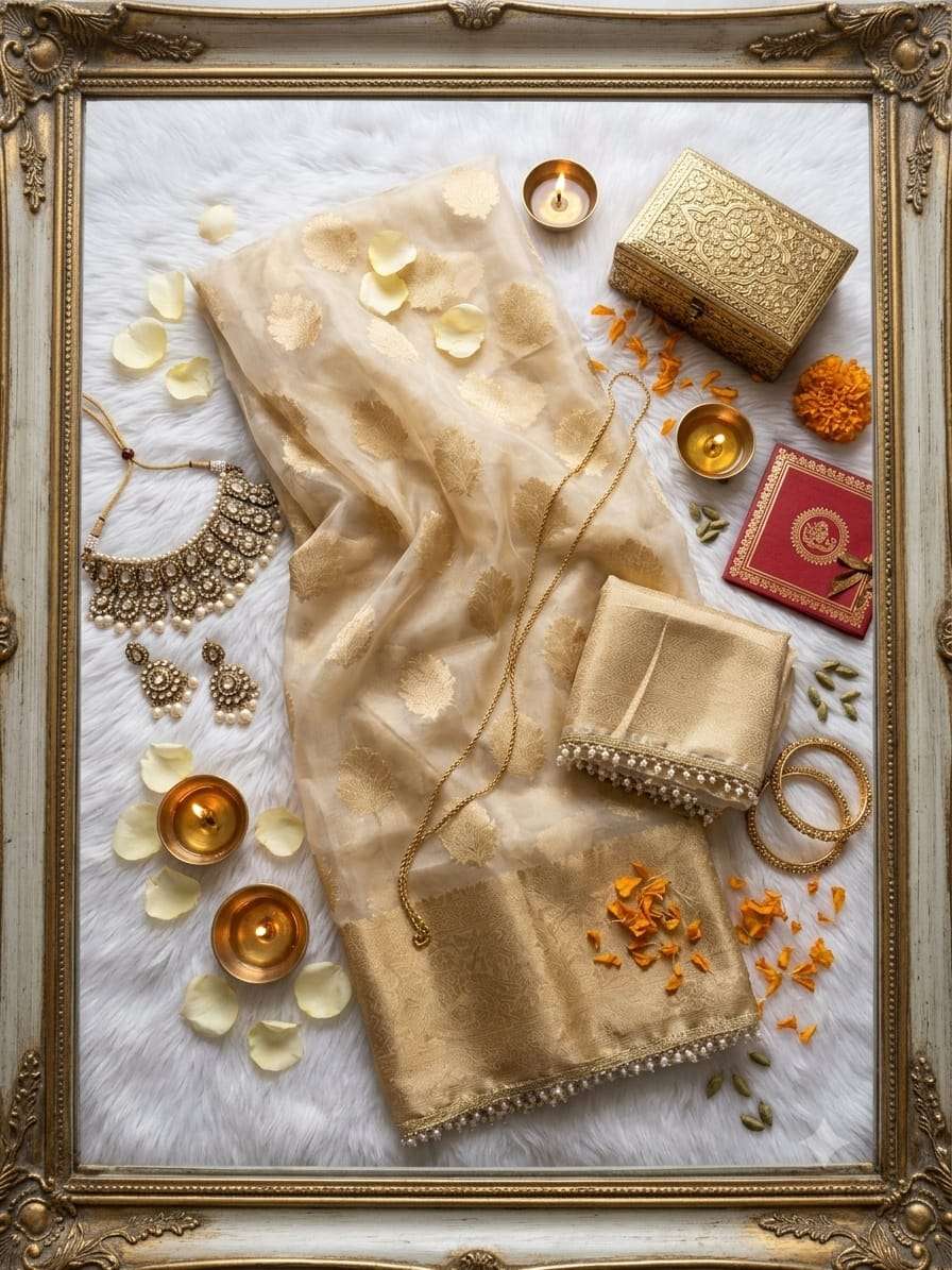 Gold colour Saree in Soft Tissue Organza Fabric saree wholesale in surat