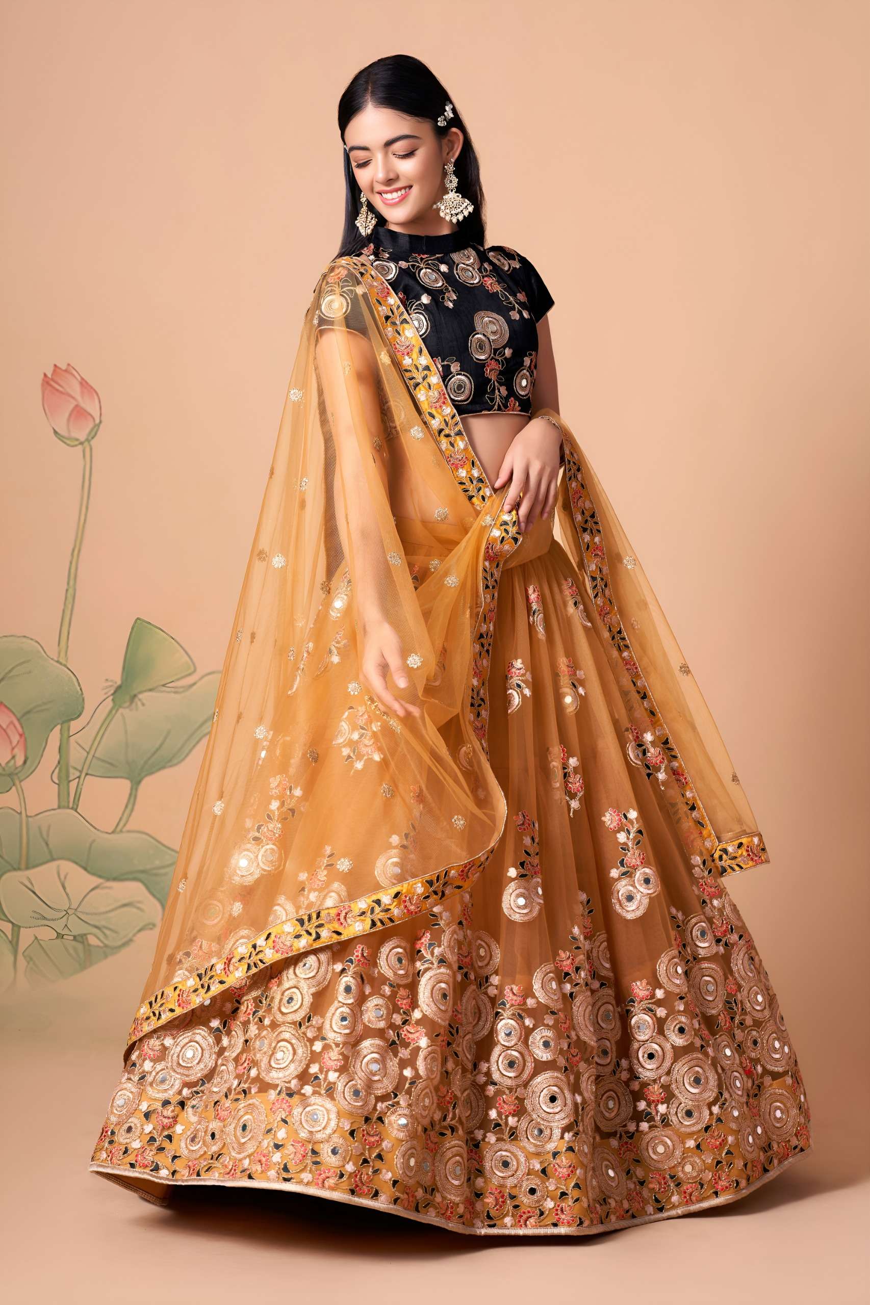 Golden Mustard & Black colour made of beautiful net Festival...