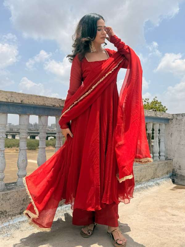 GOWN EAF GEORGETTE RED FLARED KURTI PALAZZO SUIT INDIA TREND ETHNIC SHOP 