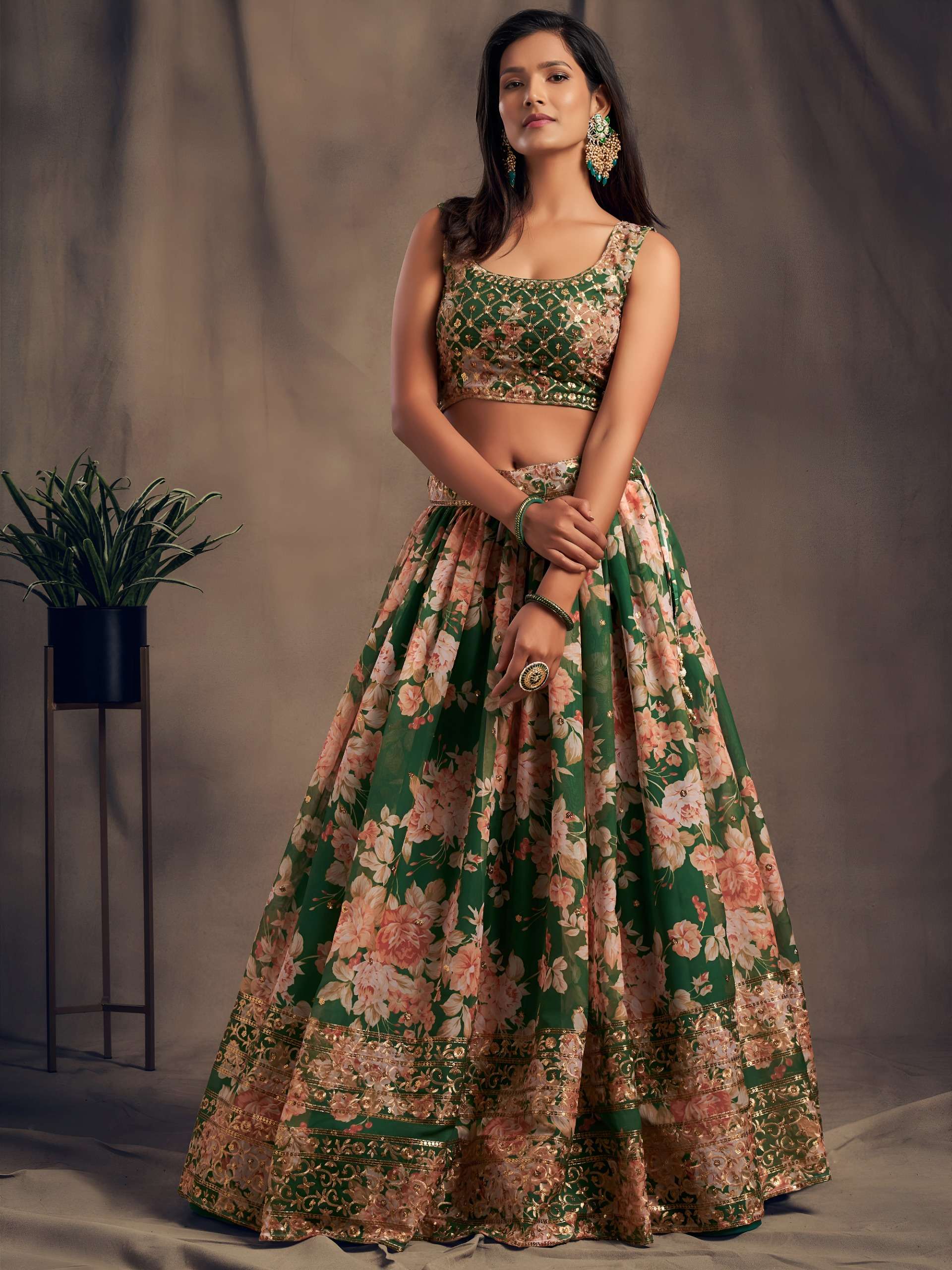 Green Colour With Beautiful And Elegant Floral Printed On Designer Lehenga Choli Reseller In Surat 7615