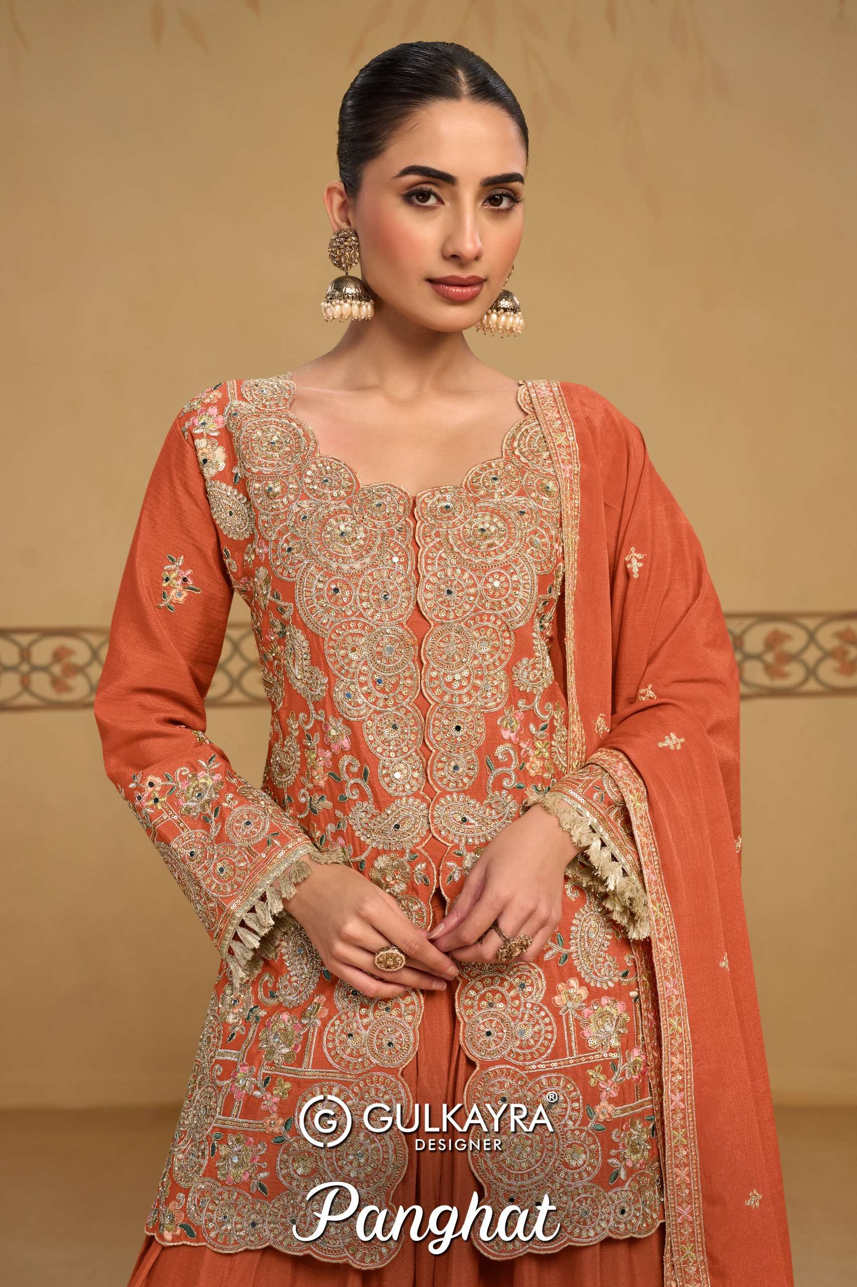 GULKAYRA DESIGNER PANGHAT BRAND WEDDING OUTFIT HEAVY SHARARA SUIT SURAT
