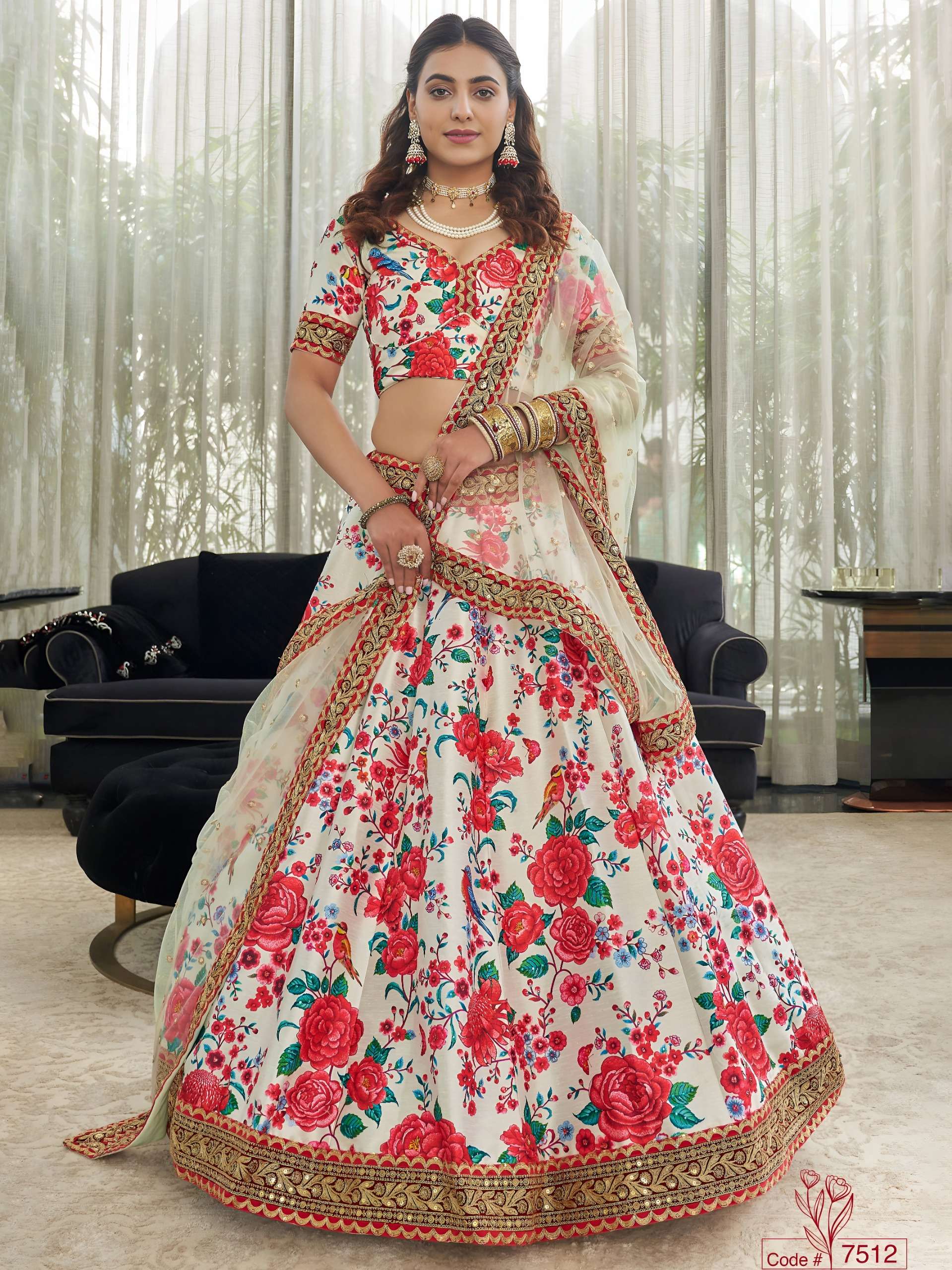 Ivory beautiful Floral Printed on Art Silk fabric Lehenga choli reseller in surat 7512
