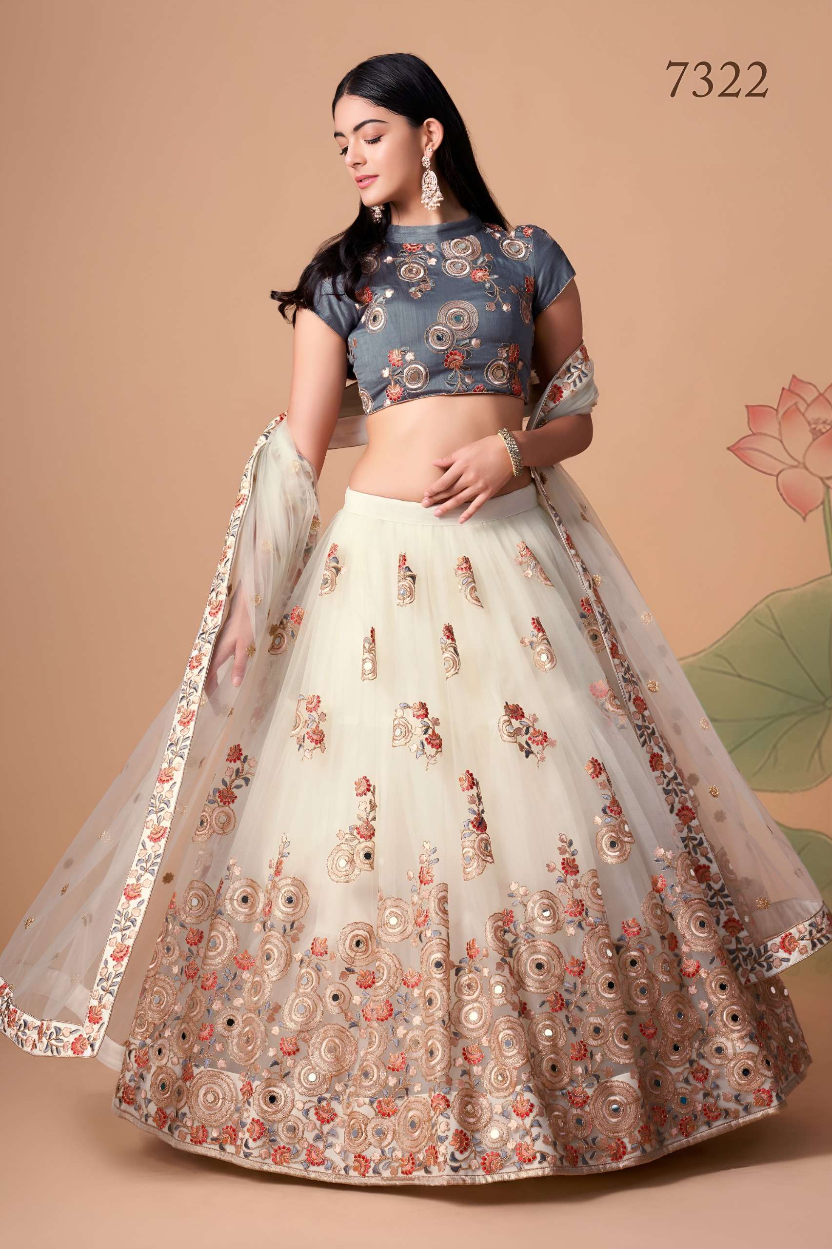 Ivory & Slate Grey Floral and Mirror work on net Lehenga Choli supplier in surat 7322 Off White  