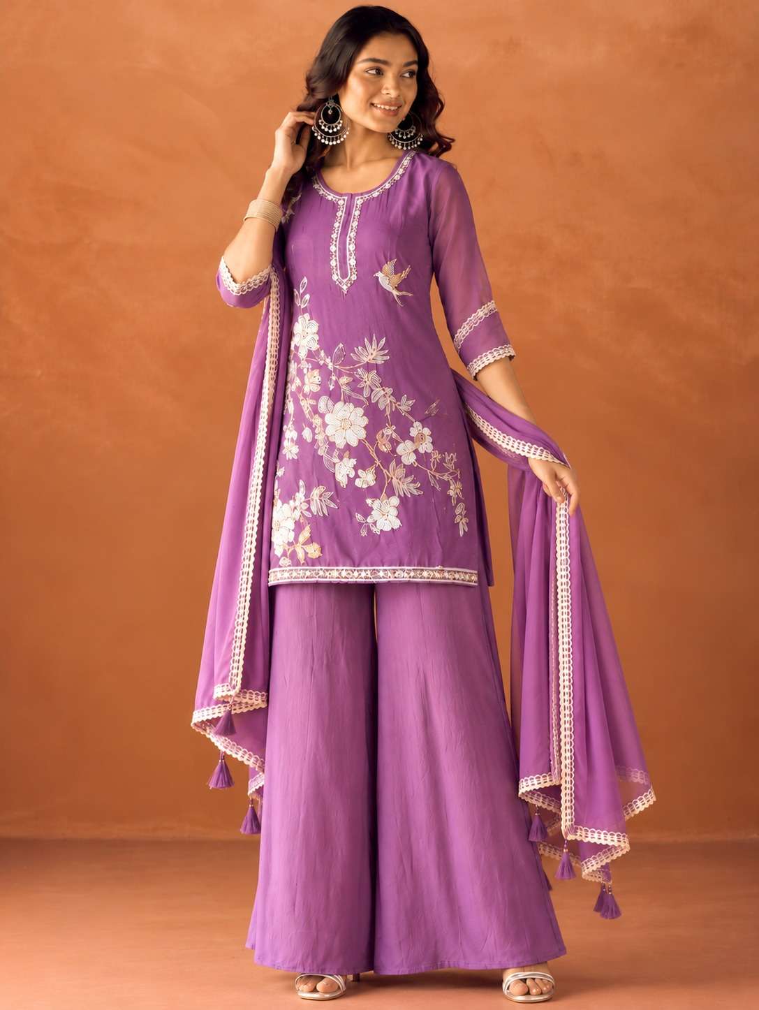 JERNNA BOUTIQUE READYMADE SUITS CHINON PURPLE PALAZZO SUIT C...