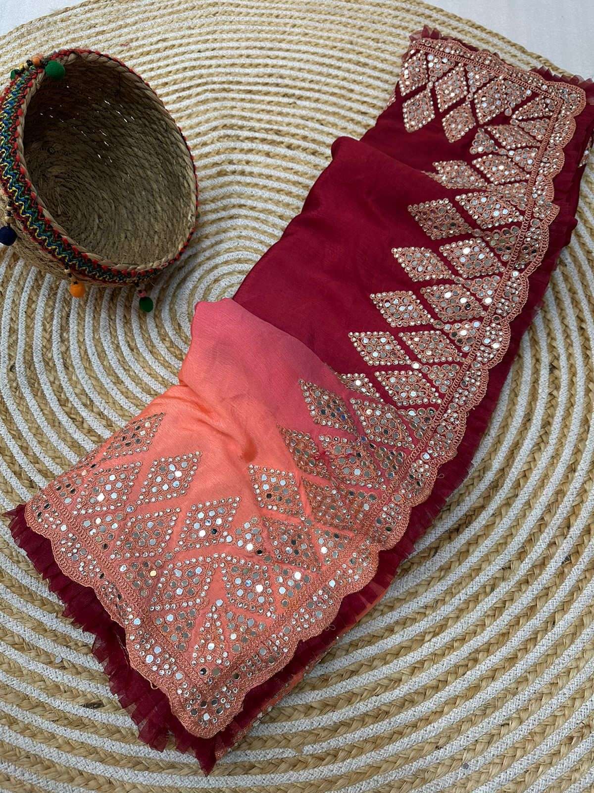 KajuKatri Beautiful Chinon silk fancy fabric saree reseller in surat