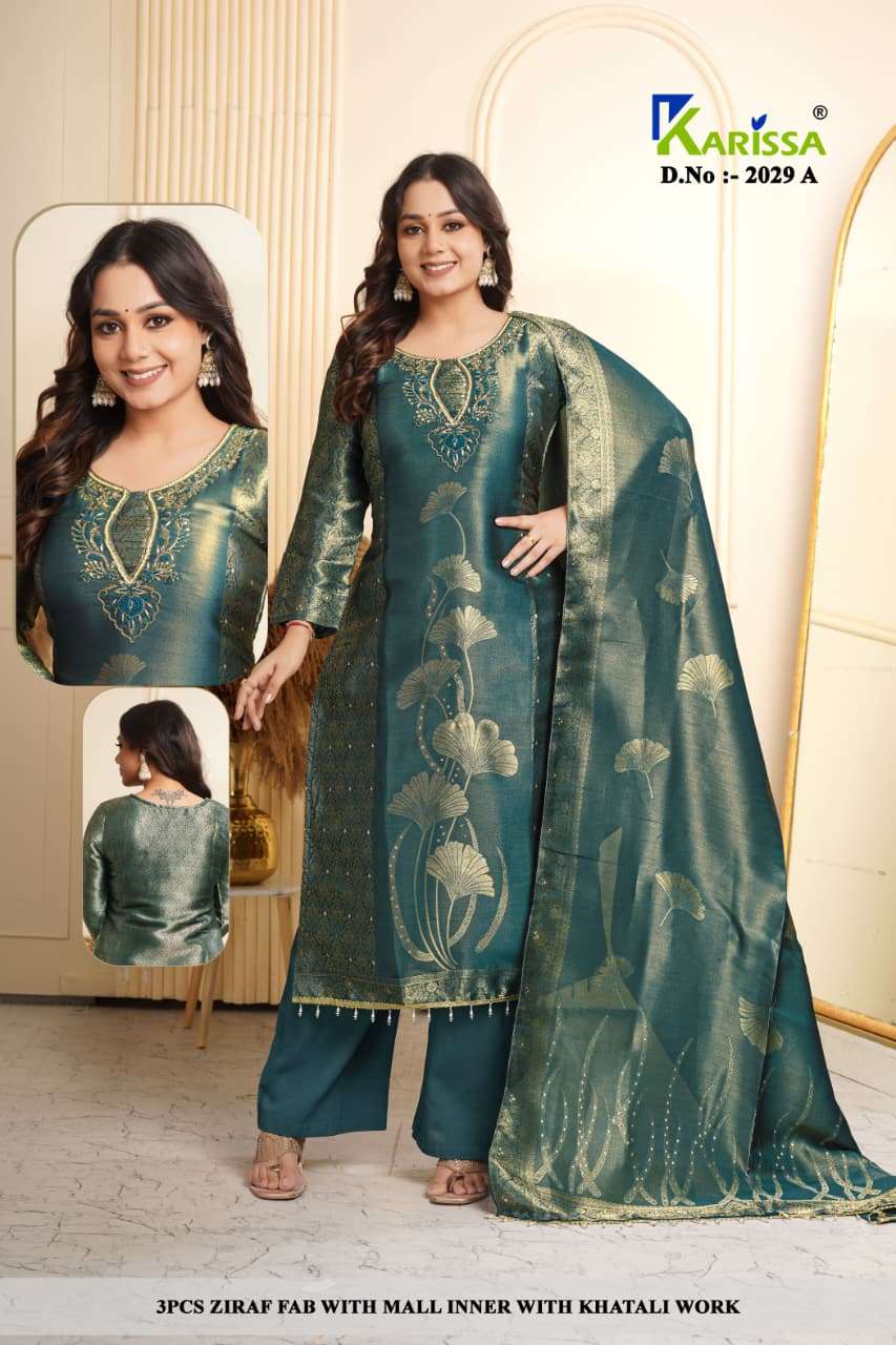 KARISSA 2029 & 2030 STRAIGHT CUT 3 PCS ZIRAF WITH COTTON INNER SUIT FESTIVE EDITIONS