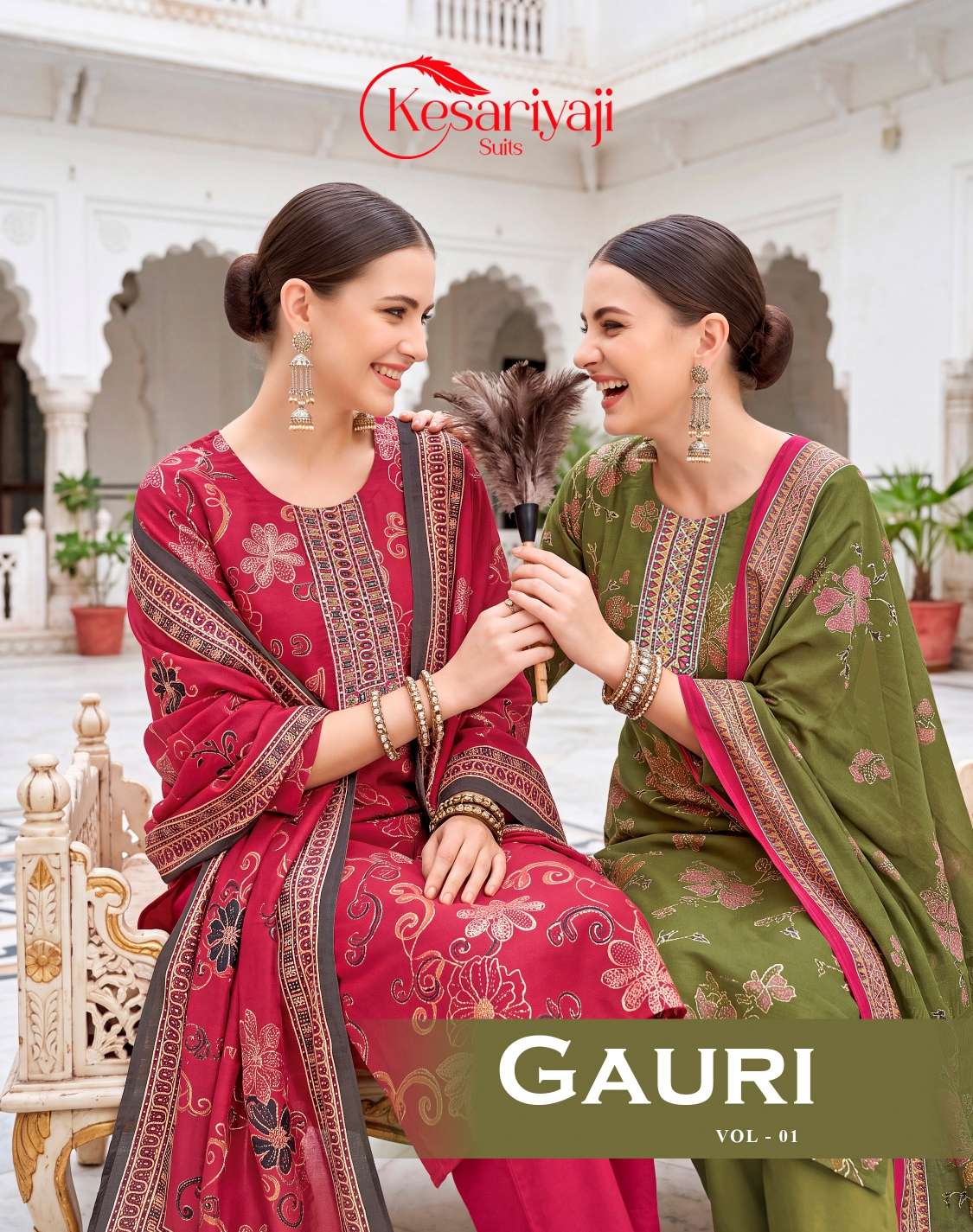 KESHARIYA GAURI VOL 1 MUSLIN PRINT EMBROIDERY SALWAR SUIT TRADITIONAL KHADI TALES