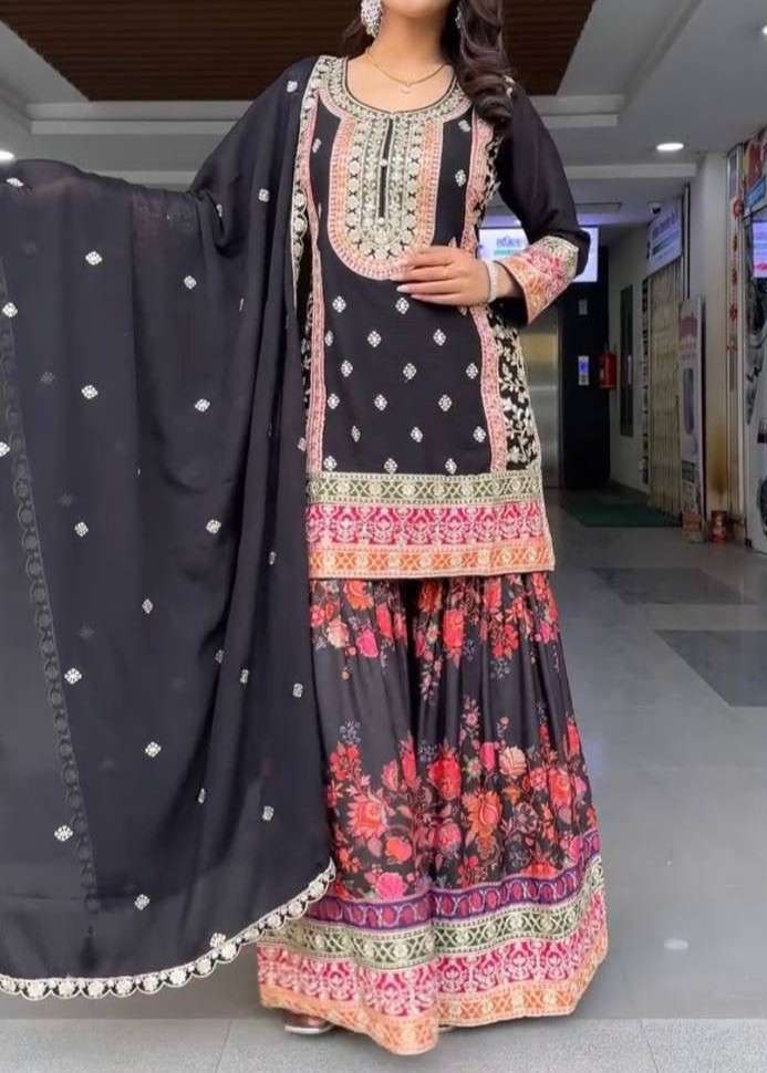 KF 1680 PARTY WEAR GEORGETTE SEQUENCES WORK BLACK SHARARA SUIT WHOLESALE