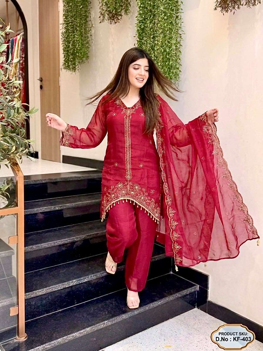 KF 403 TOP SPECIFICATION SATIN DESIGNER RED PAKISTANI SUIT F...