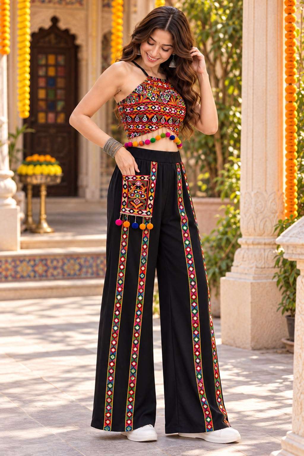 KF NV 61 RIBBED EMBROIDERY BLOUSE TOP AND PALAZZO NAVRATRI W...