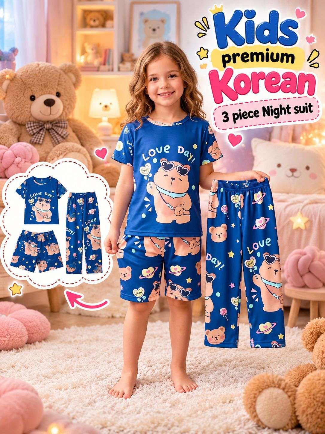 KOREAN PREMIUM KIDS 3 PCS NIGHT SUITS 8 TO 12 YEARS GIRL WHOLESALER
