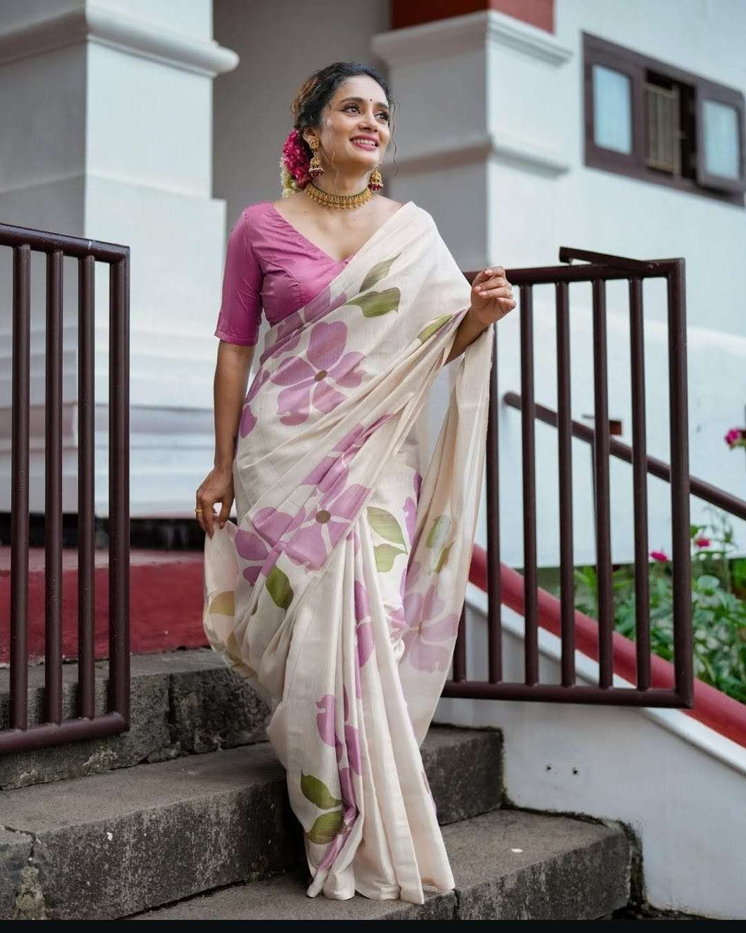 Linen Tissue Silk fabric with purple flower print on Saree reseller in surat TWT1096