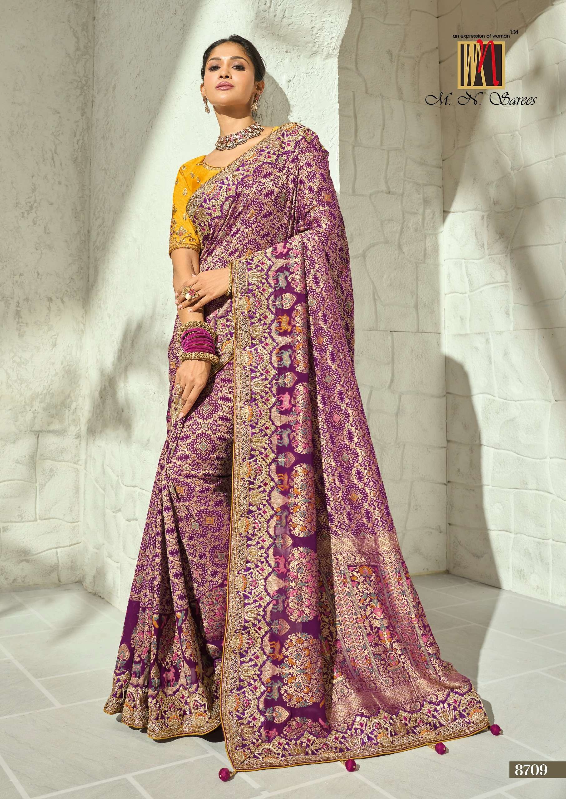M N Bandhej 8700 Series Pure Georgette And Bandhej Saree Reseller In Surat 