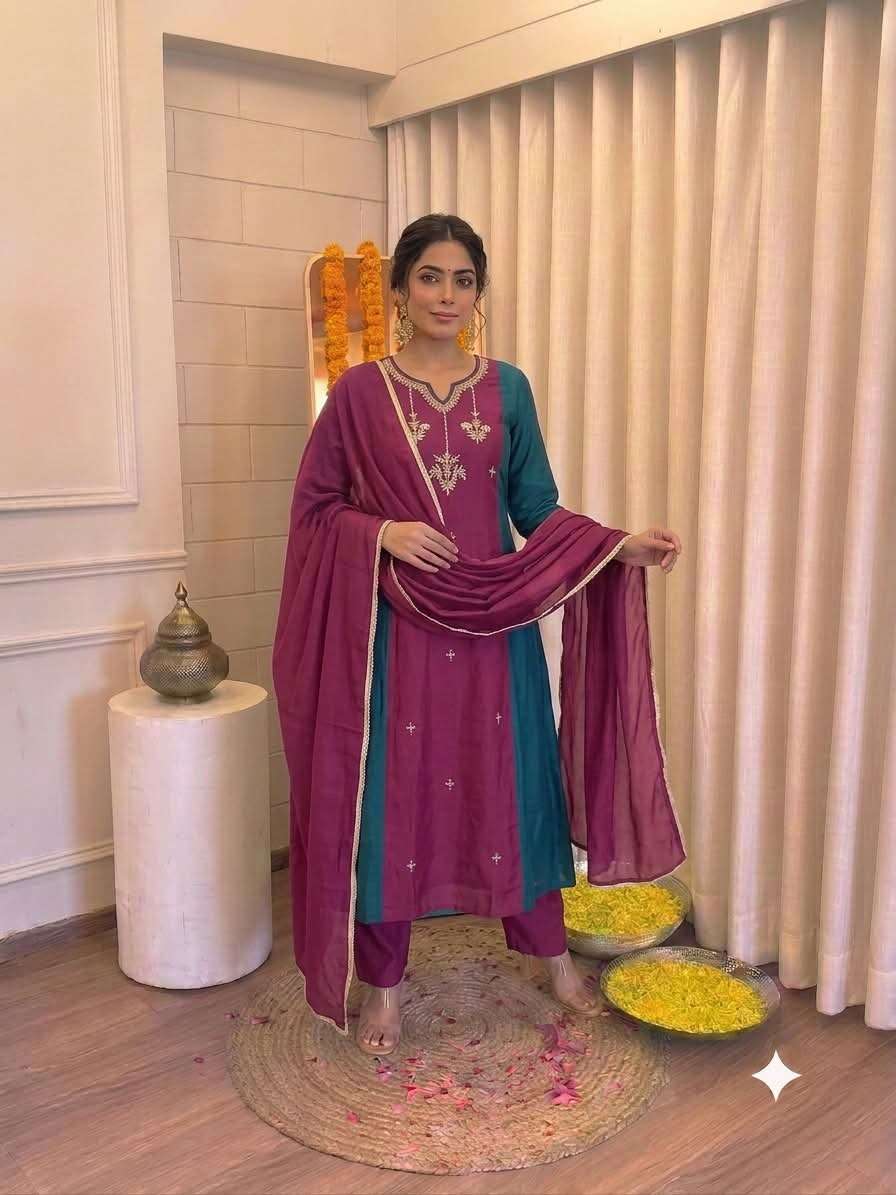 MAL CHANDERI A LINE CUT WITH DOUBLE COLOUR SUIT THIS DIWALI PARTY GUJARAT