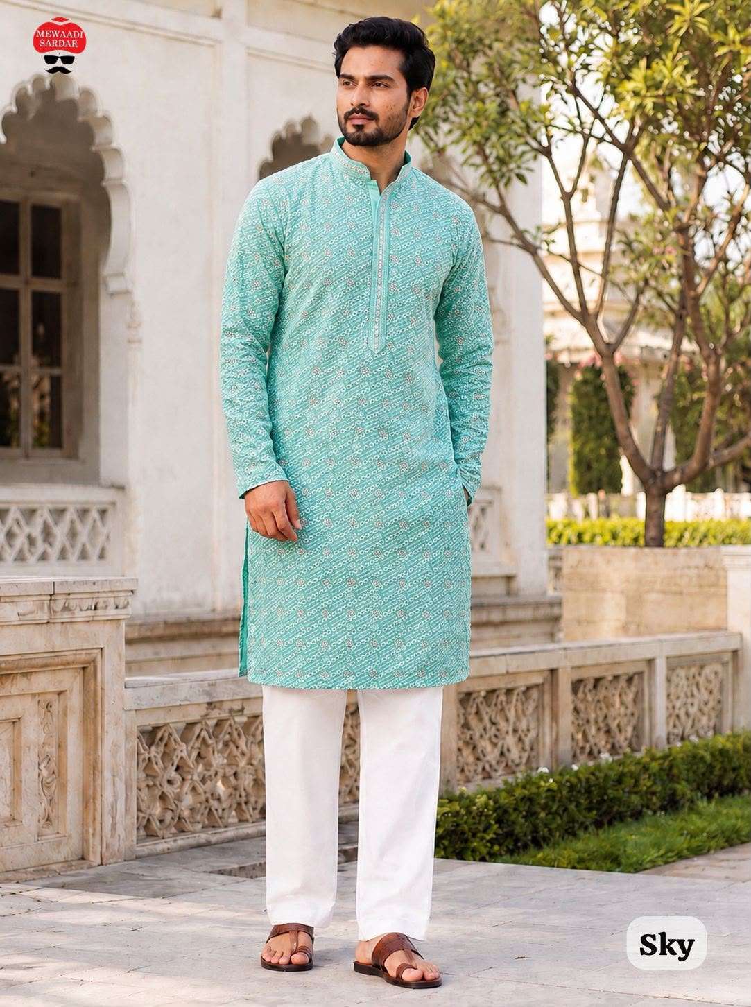 MANYAVAR CHIKANKARI LONG GENTS KURTA WITH CHIKAN SCHIFFLI WORK DEALER