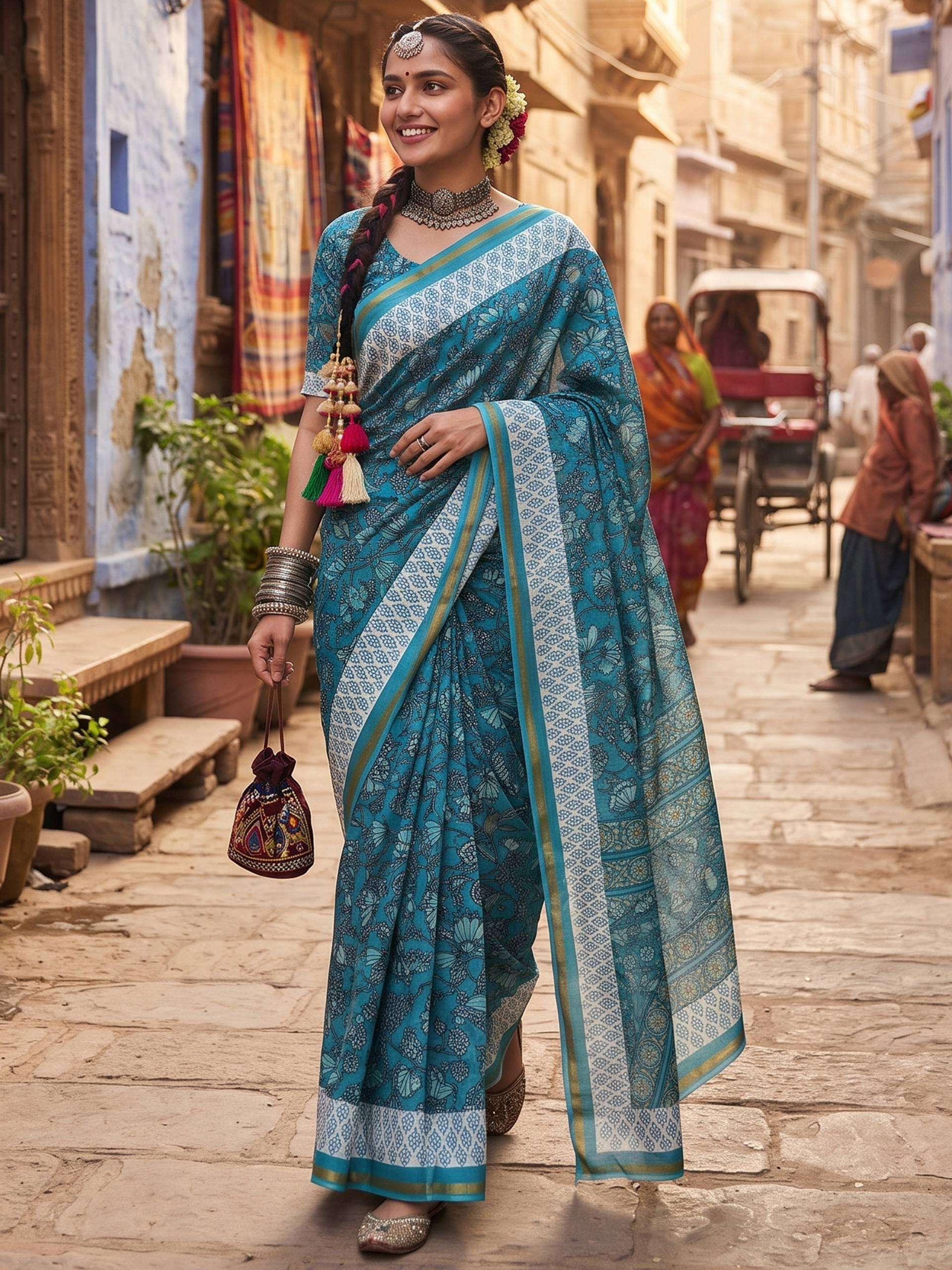 Maslin Cotton fabric with elegant Traditional Block Print on Saree reseller in surat