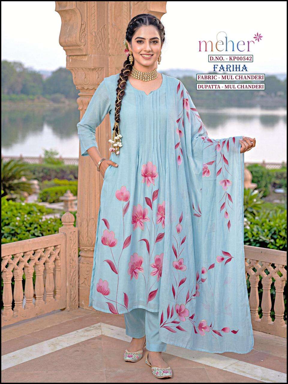 MEHER FARIHA CHANDERI THREE PIECE SET FOR WOMEN LIGHTWEIGHT VOILE DUPATTA FOR DAILY OUTINGS
