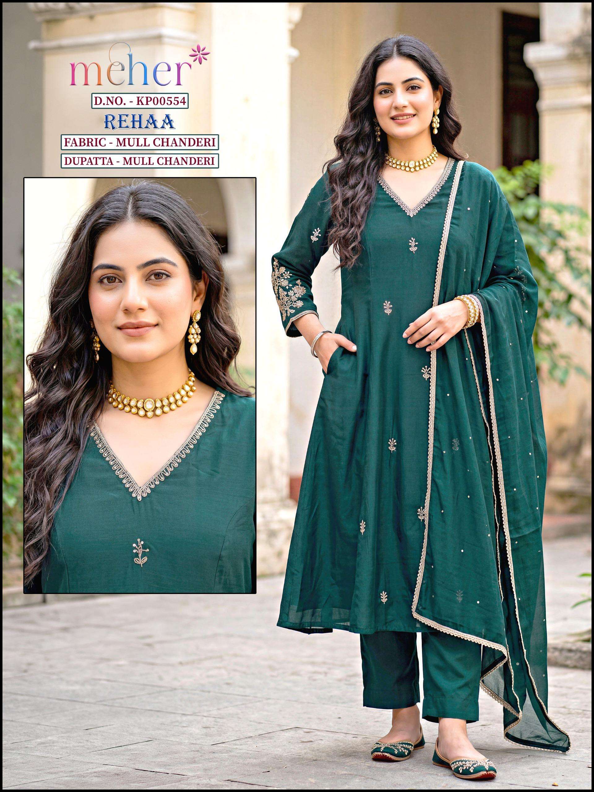 MEHER REHAA CHANDERI THREE PIECE SET FOR WOMEN ELEGANT MONOCHROME DAILY WEAR SURAT