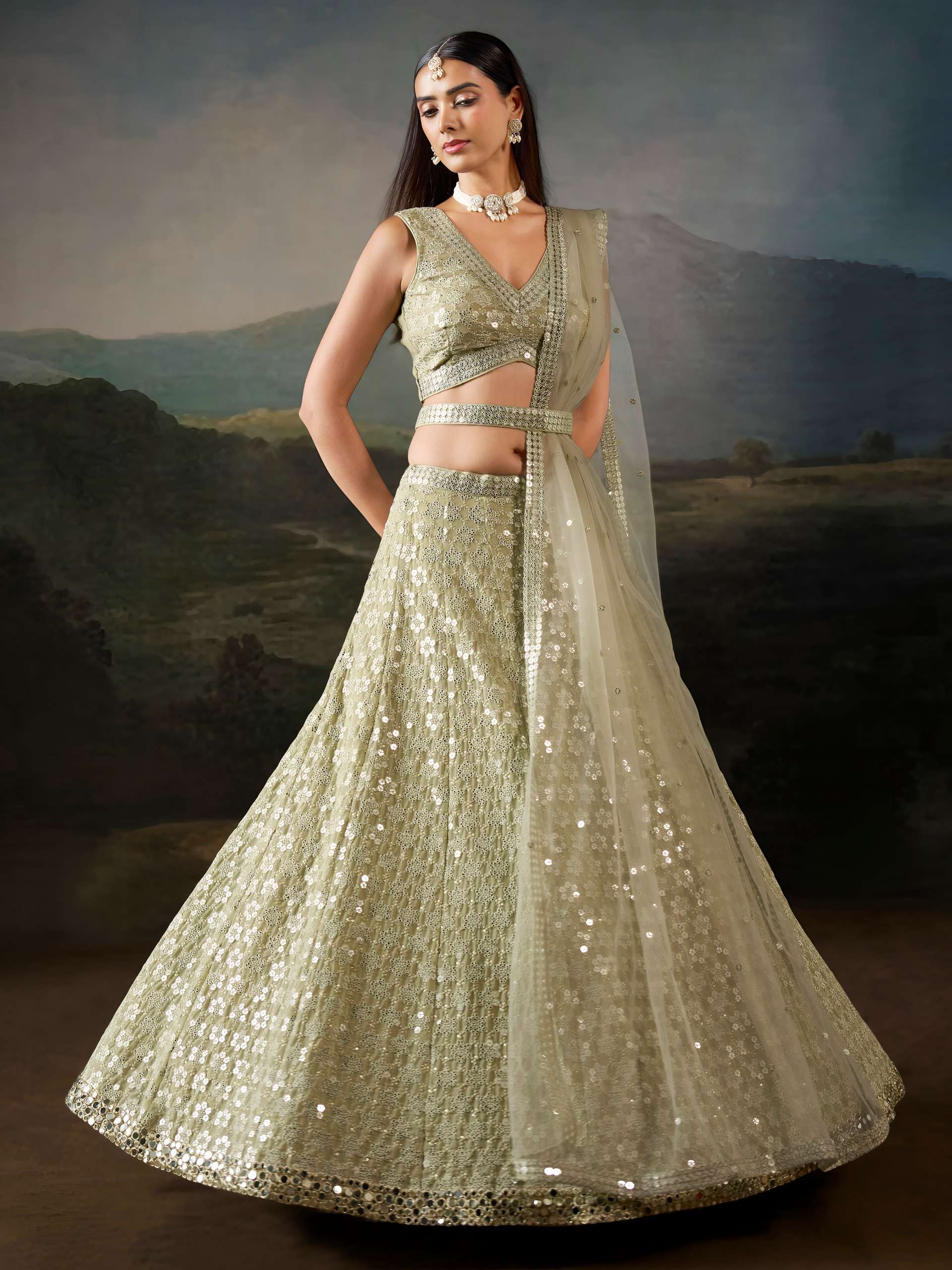 Mesmerizing Sage Green colour Georgette fabric Wedding wear Lehenga Choli Reseller in surat 7087 green