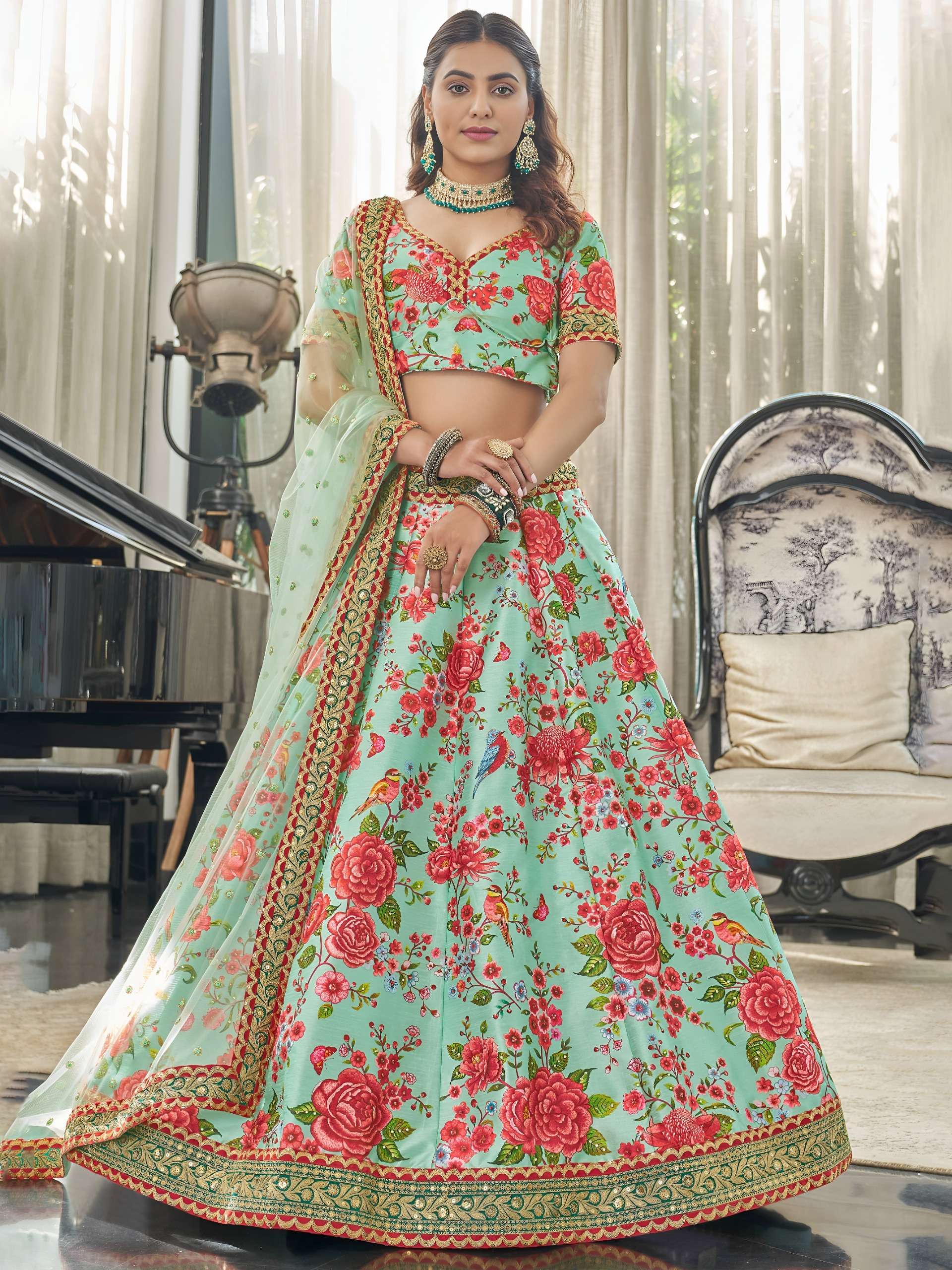 Mint Green colour Floral Printed art silk Lehenga choli supplier in surat 7514 