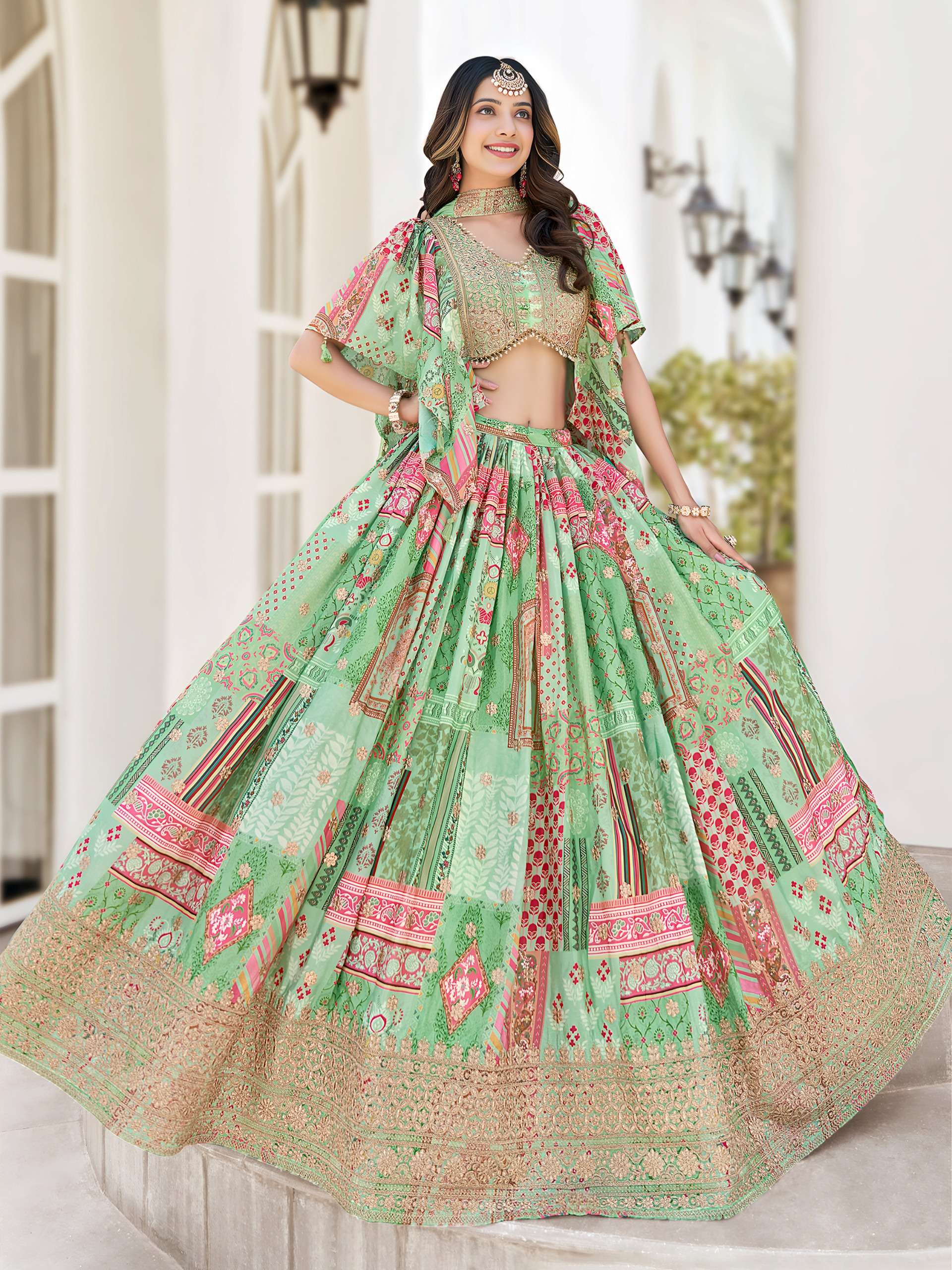 Mint Green Multicolor and Floral Chinnon Silk Heritage fabric Lehenga Choli reseller in surat 7050 Green