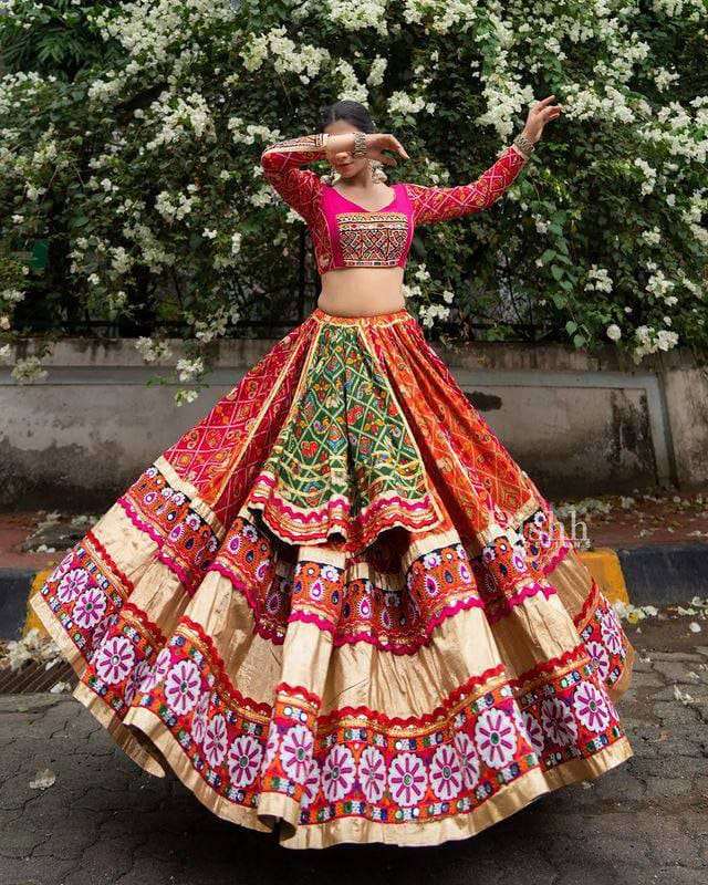 Most Trending Navratri wear Heavy Flair mirror work Soft Dola Silk fabric Lehenga Choli 