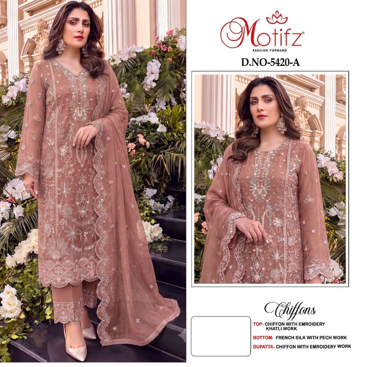 MOTIFZ 5420 CHIFFON KHATLI WORK PAKISTANI FASHION SUIT SET WEDDING CELEBRATIONS BUY