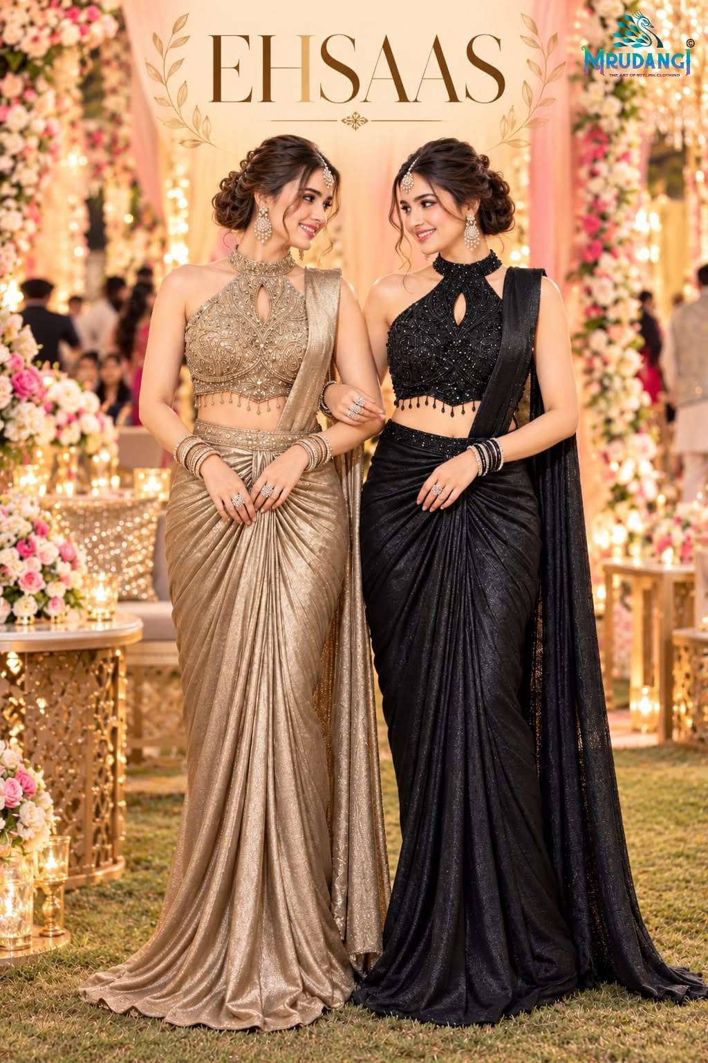 MRUDANG EHSAAS PARTY WEAR PREMIUM SATIN CRUSH FABRIC READY TO WEAR SAREE RESELLER IN SURAT