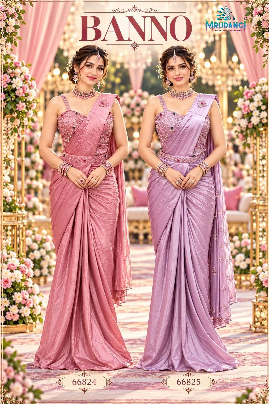 MRUDANGI BANNO PREMIUM SATIN FABRIC READY TO WEAR SAREE RESELLER IN SURAT