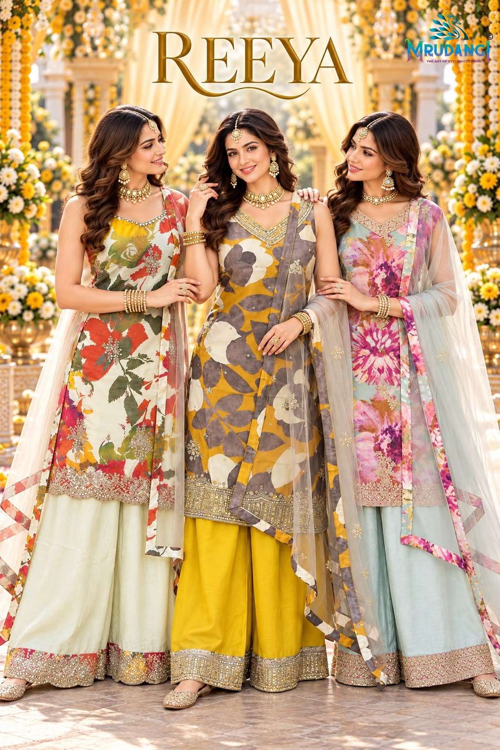 MRUDANGI REEYA TRENDY LOOK EMBROIDERED TOP WITH PLAZZO AND NET DUPATTA DIWALI CLOTHING BUY