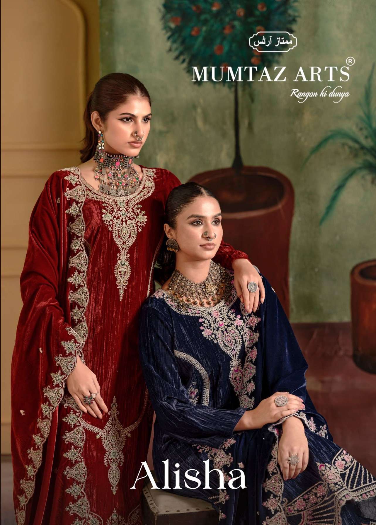 MUMTAZ ARTS RANGON KI DUNYA ALISHA VELVET DYED WORK 3 PIECE SUIT WINTER WEAR INDIAN