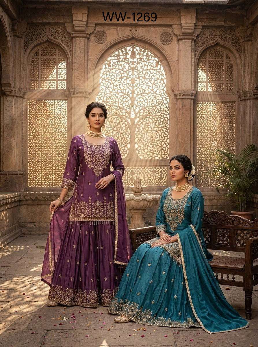 MUSLIM WEAR PURE CHINNON SILK FABRIC LONG TOP LEHENGA RESELLER IN SURAT WW 1269